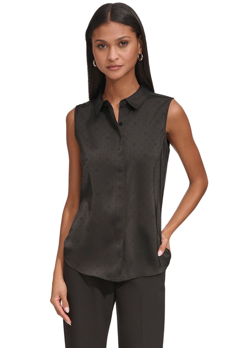 Womens Sleeveless Collared Jacquard Top