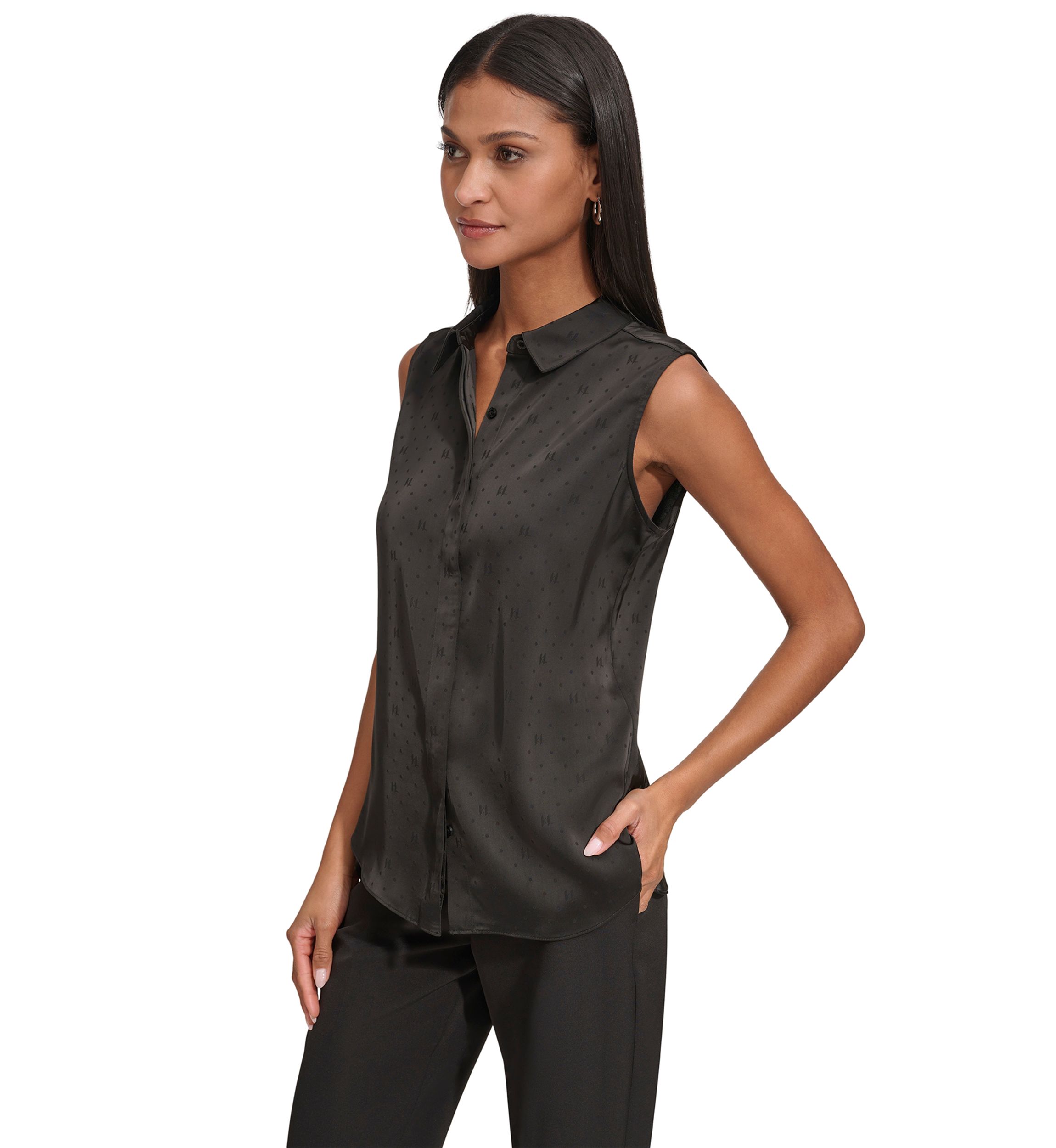 Womens Sleeveless Collared Jacquard Top