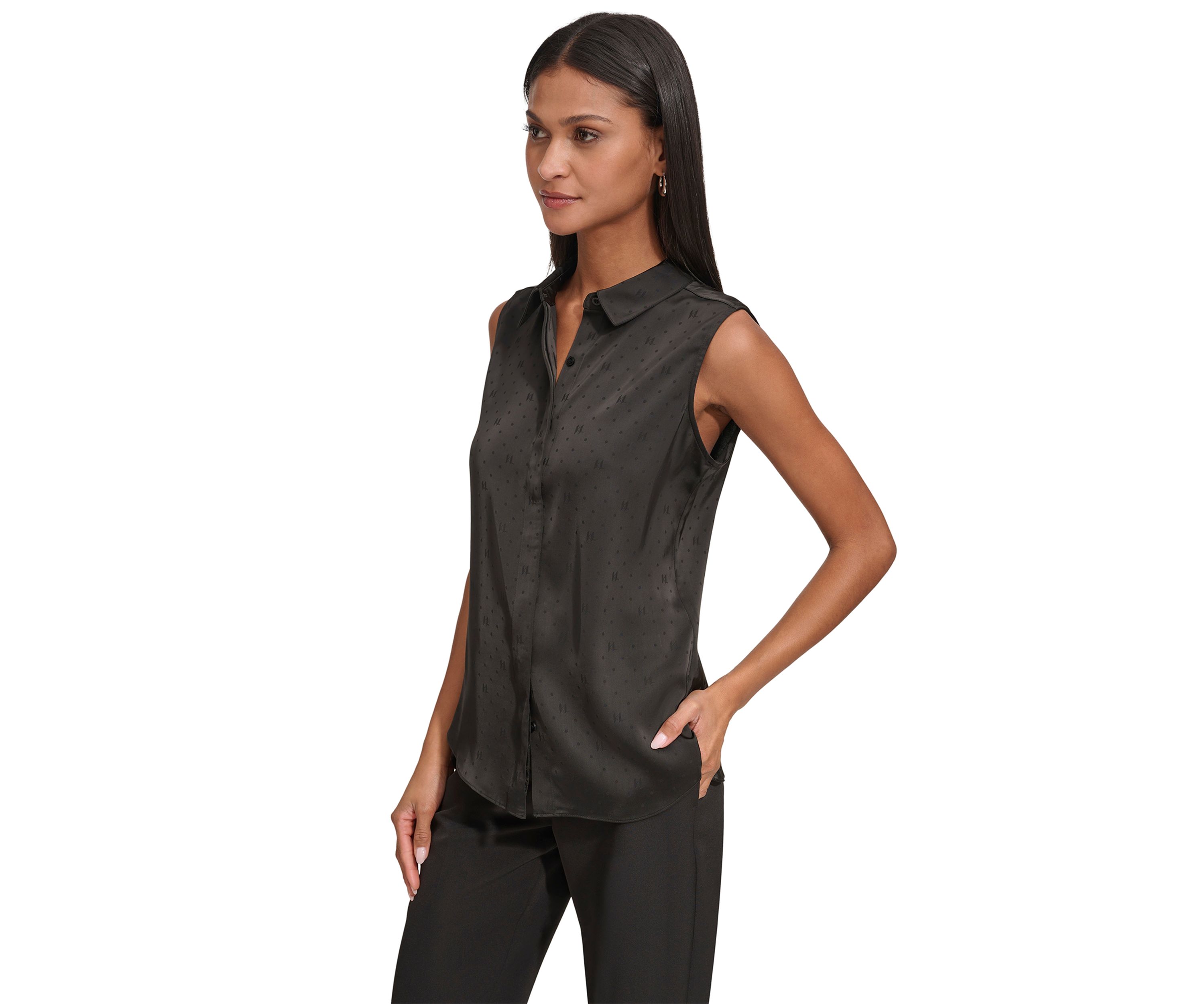 Womens Sleeveless Collared Jacquard Top