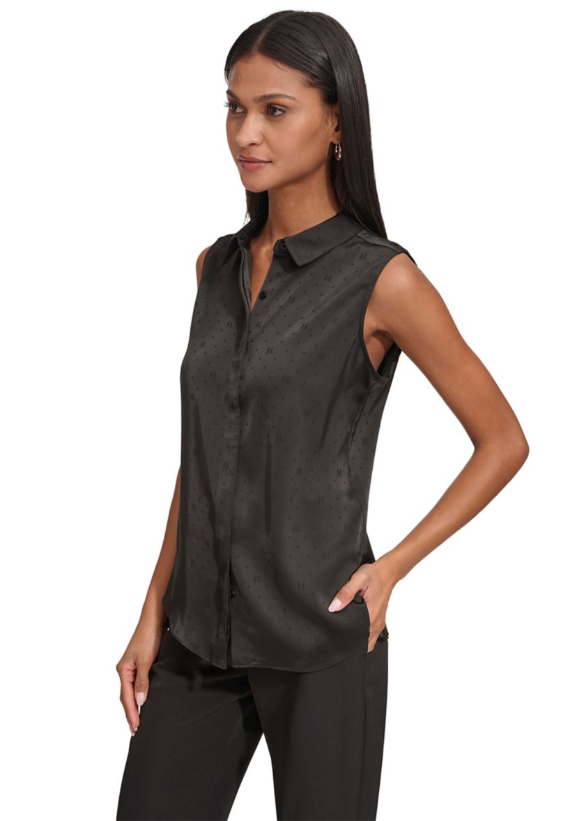 Womens Sleeveless Collared Jacquard Top
