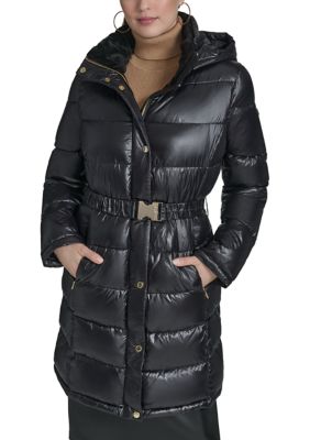 Halston Women's Cire Belted Puffer Coat, Black, XS