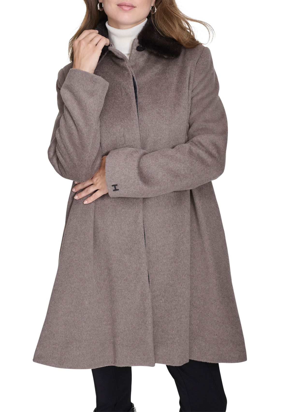 Womens Flare Wool Coat with Fur Collar