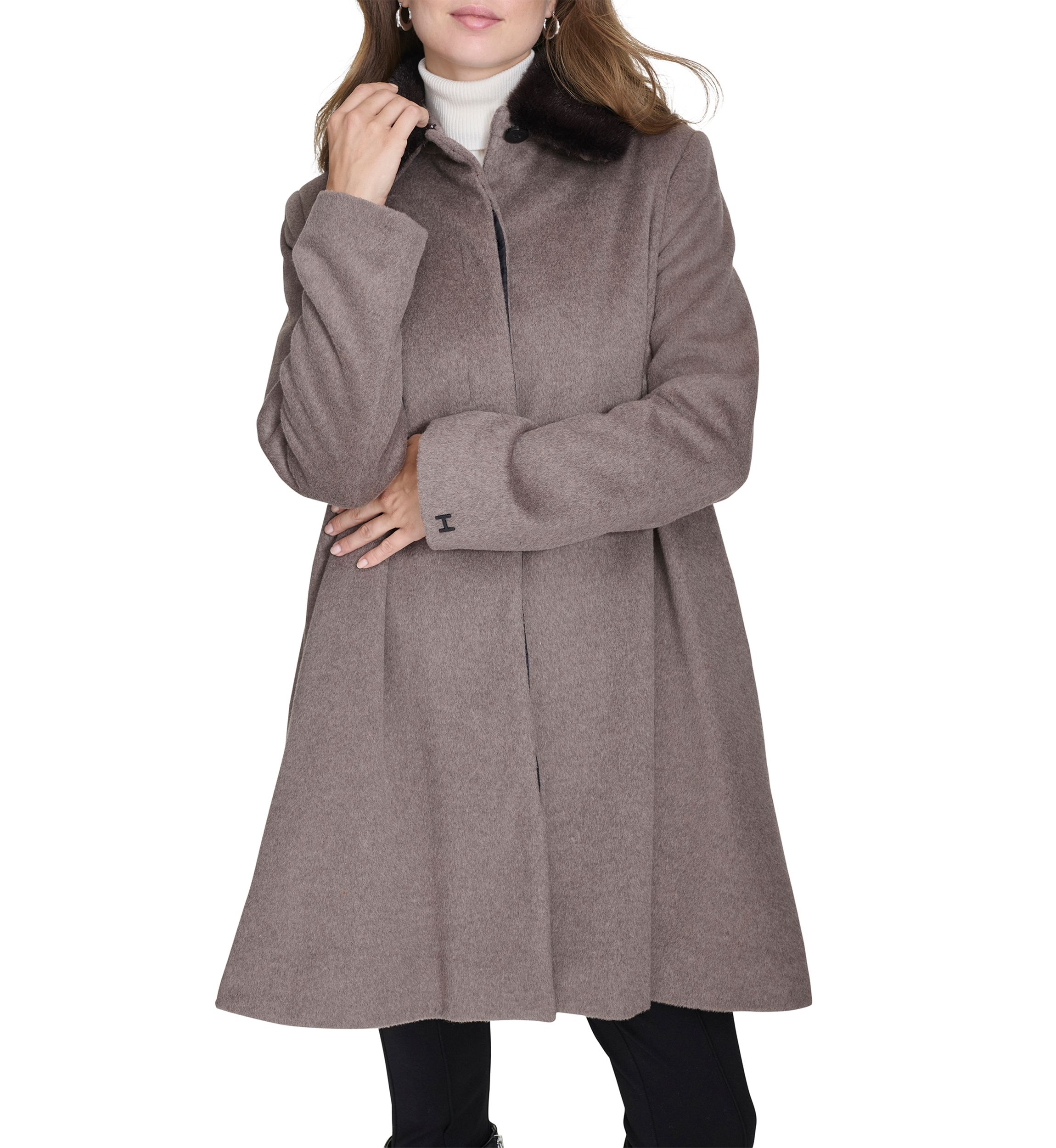 Womens Flare Wool Coat with Fur Collar
