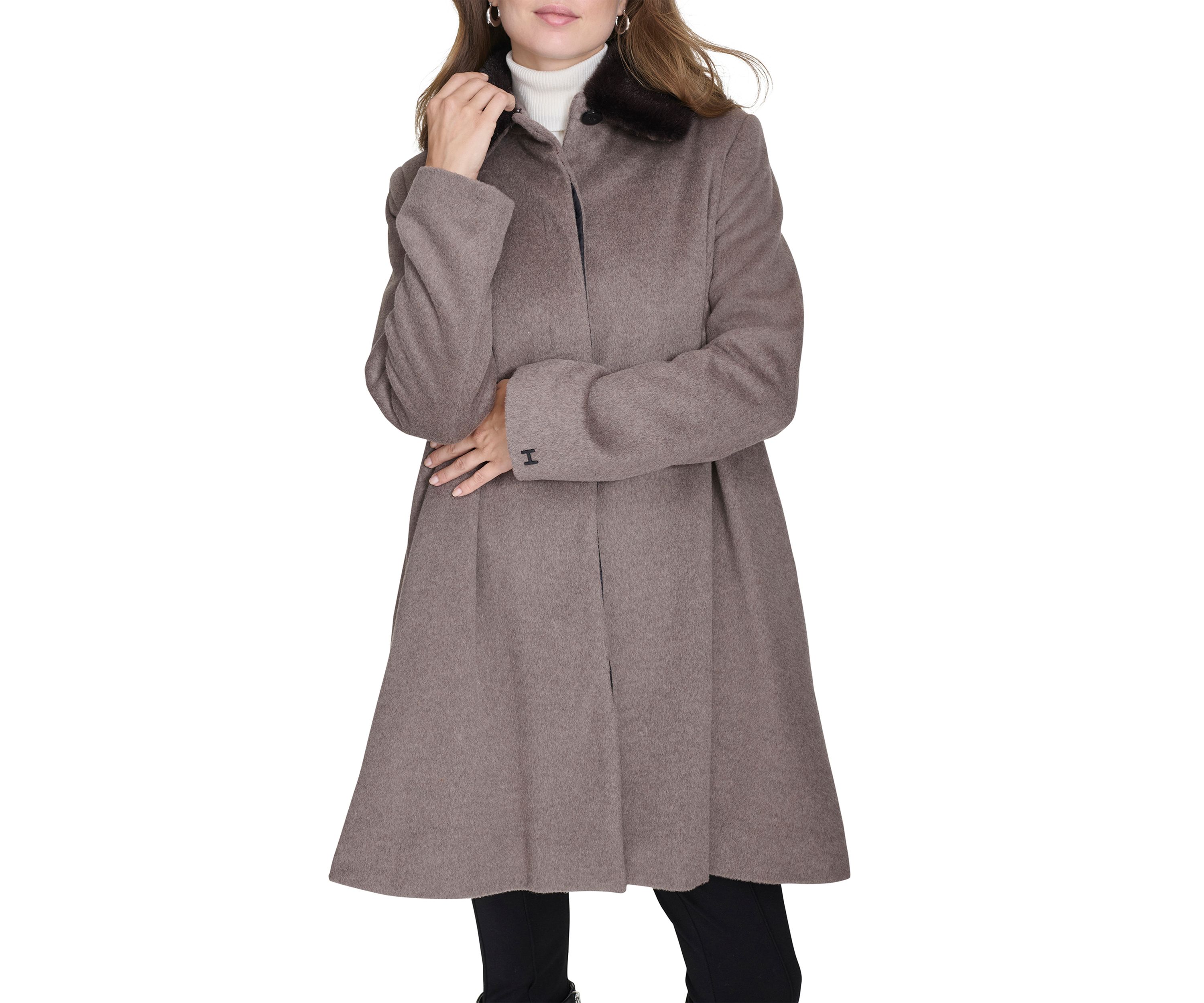 Womens Flare Wool Coat with Fur Collar