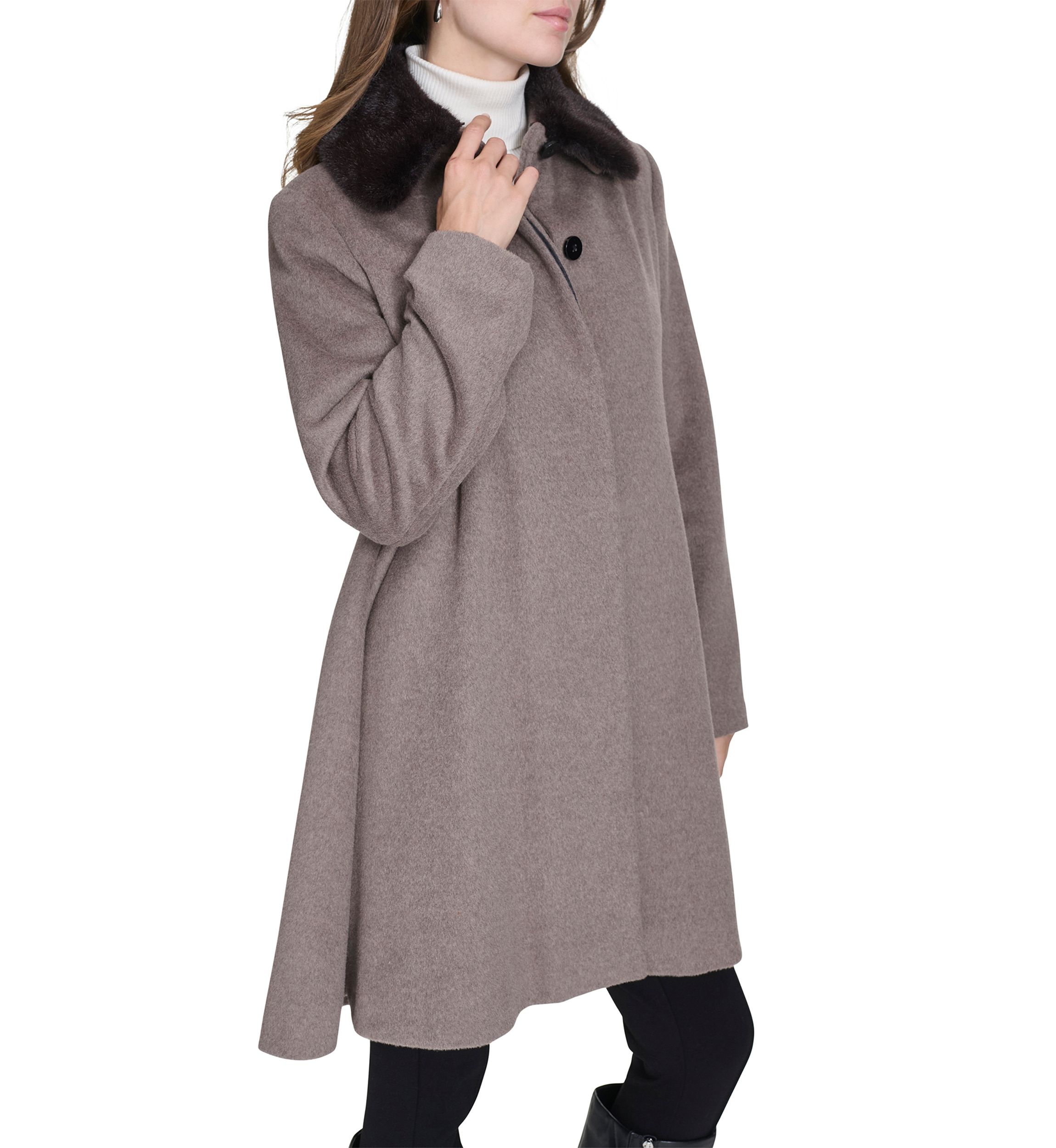 Womens Flare Wool Coat with Fur Collar