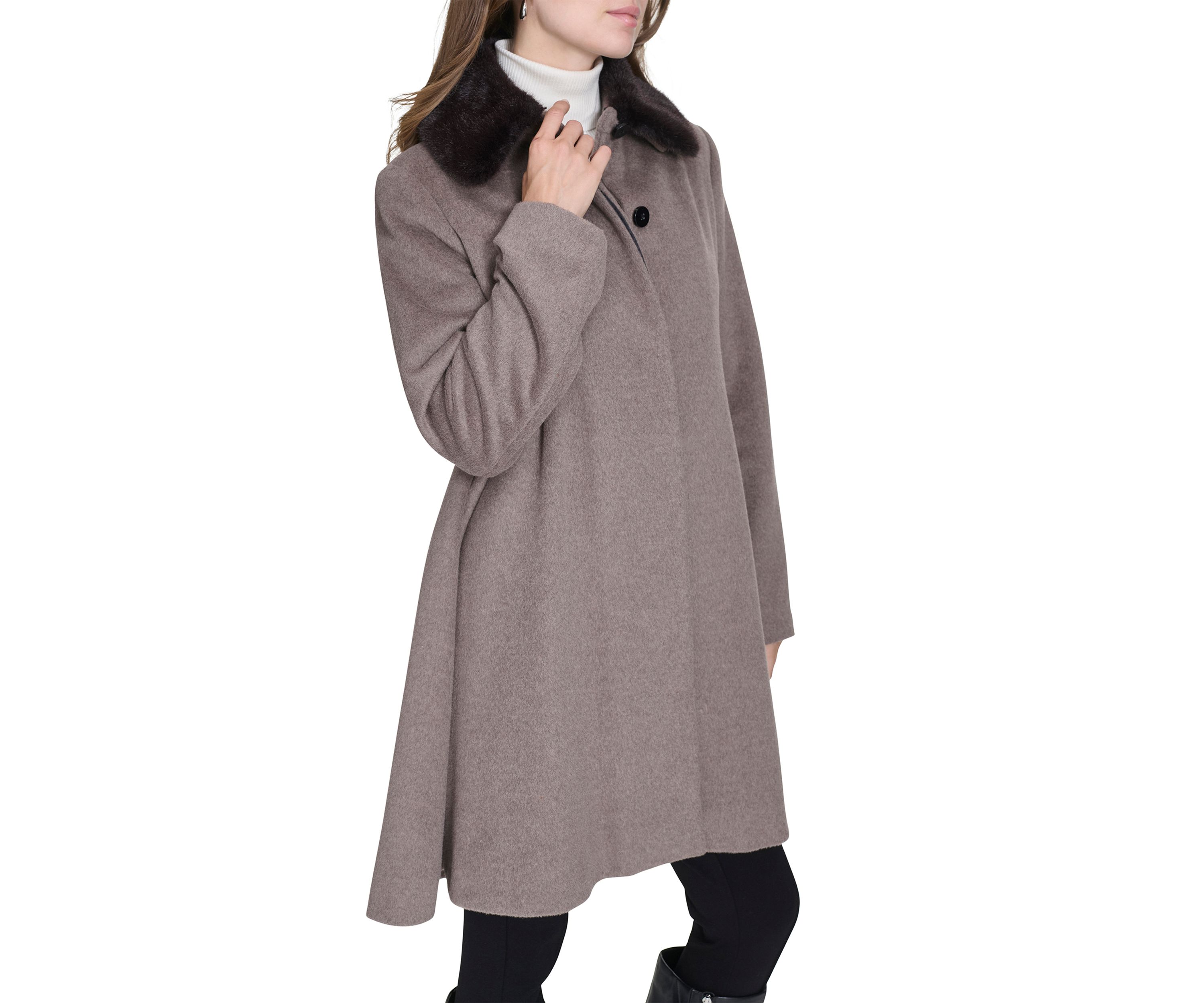 Womens Flare Wool Coat with Fur Collar