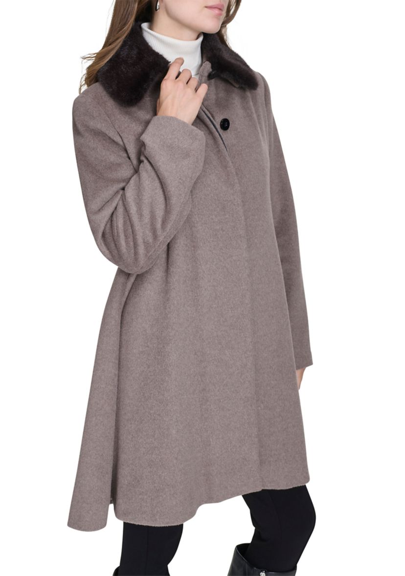 Womens Flare Wool Coat with Fur Collar