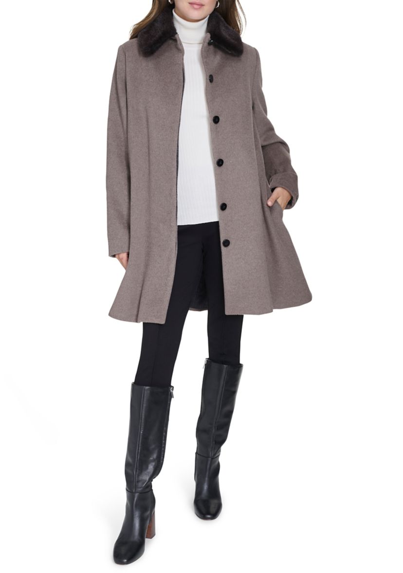 Womens Flare Wool Coat with Fur Collar