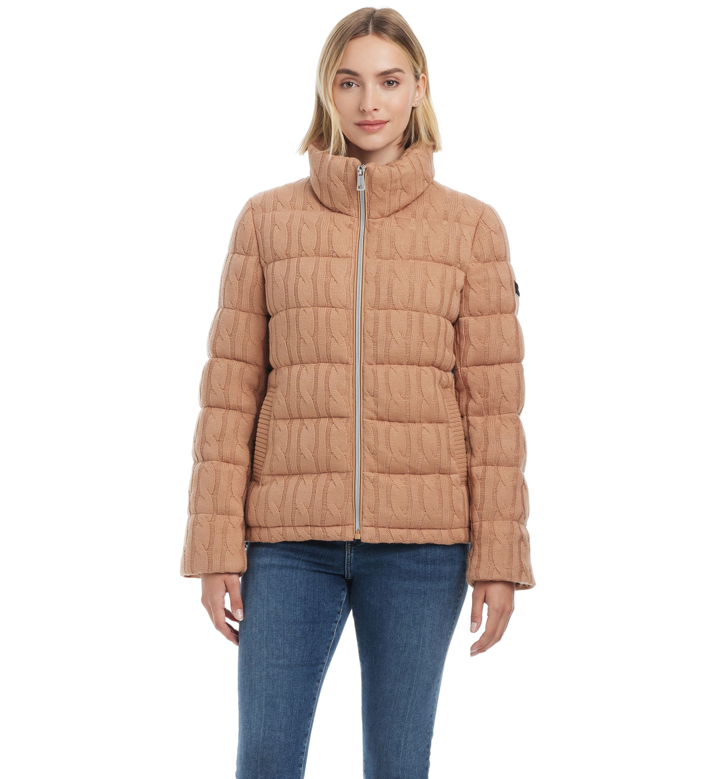 Womens Reversible Sweater Knit Puffer Jacket