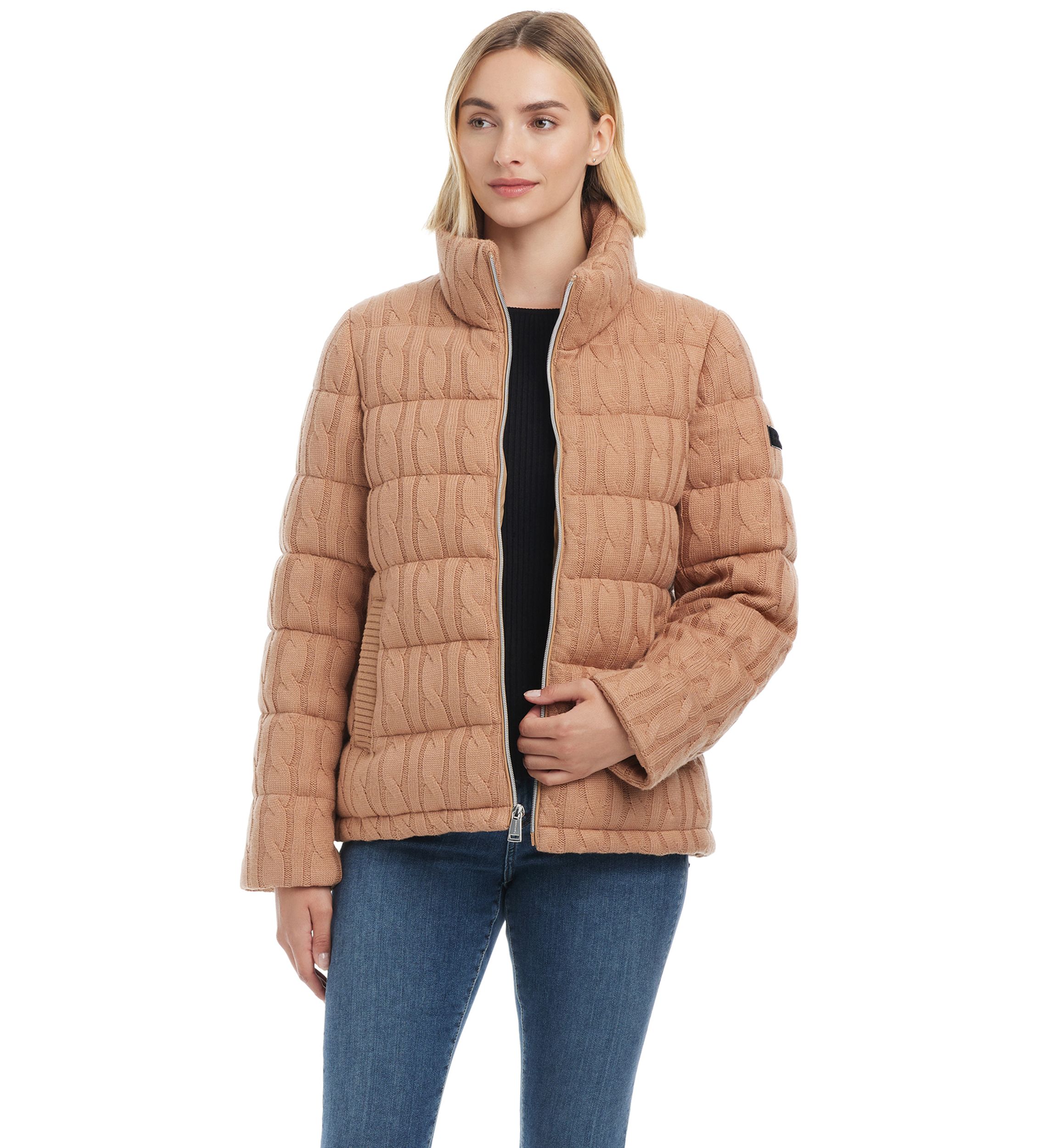 Womens Reversible Sweater Knit Puffer Jacket