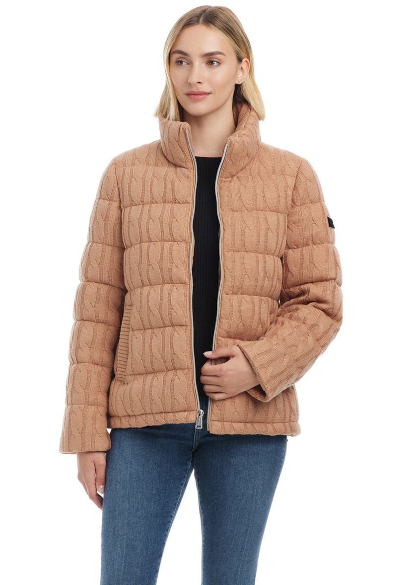 Womens Reversible Sweater Knit Puffer Jacket