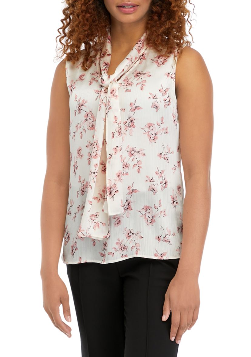 Womens Sleeveless Tie Neck Blouse