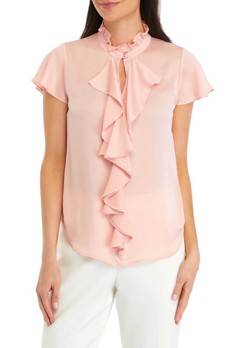 Womens Flutter Sleeve Ruffle Front Blouse