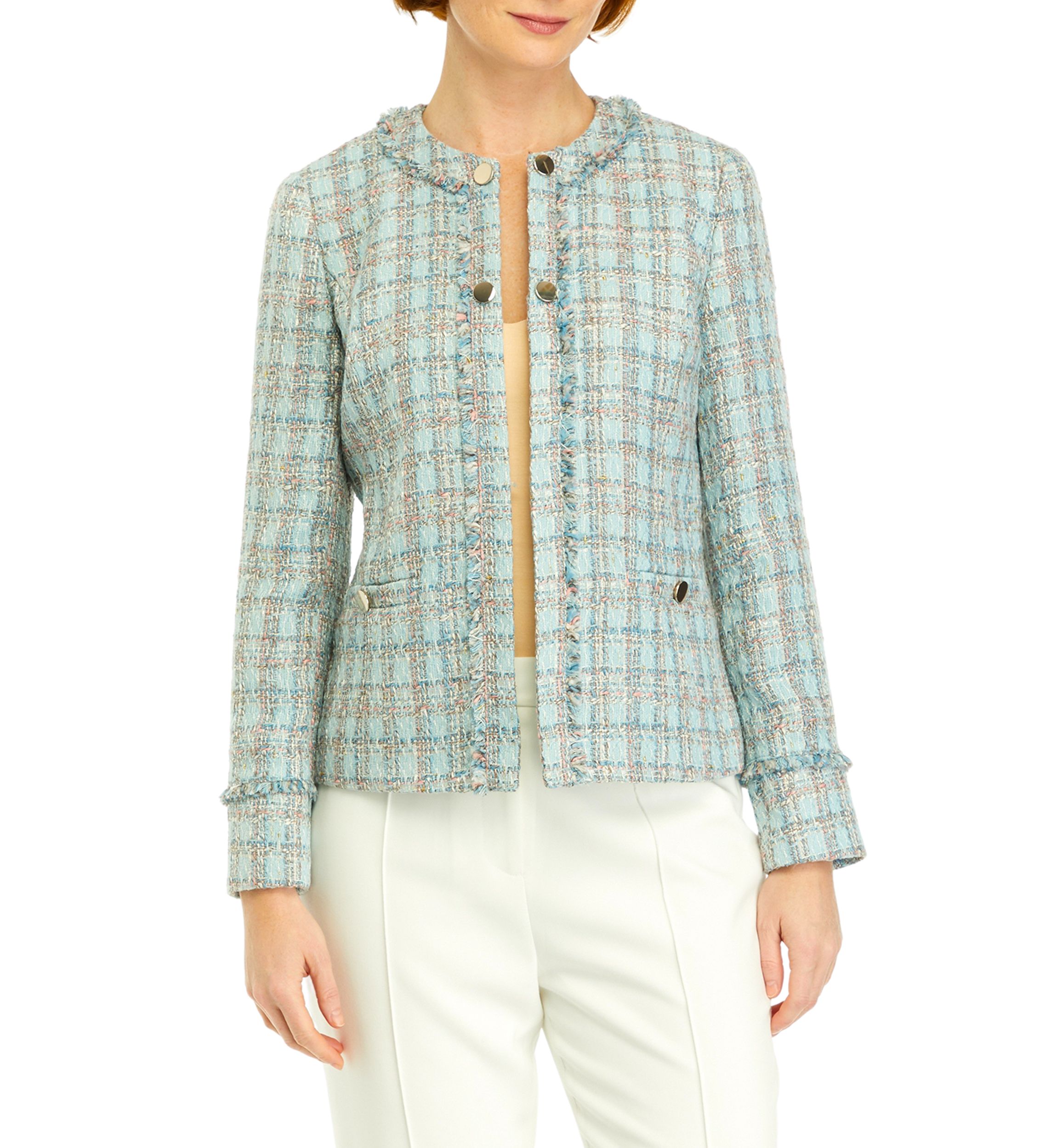 Womens Tweed Kissing Front Jacket with Fringe Detail