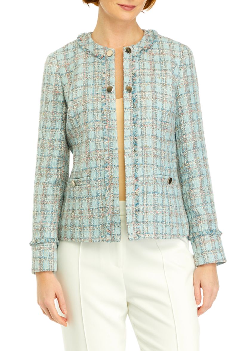 Womens Tweed Kissing Front Jacket with Fringe Detail