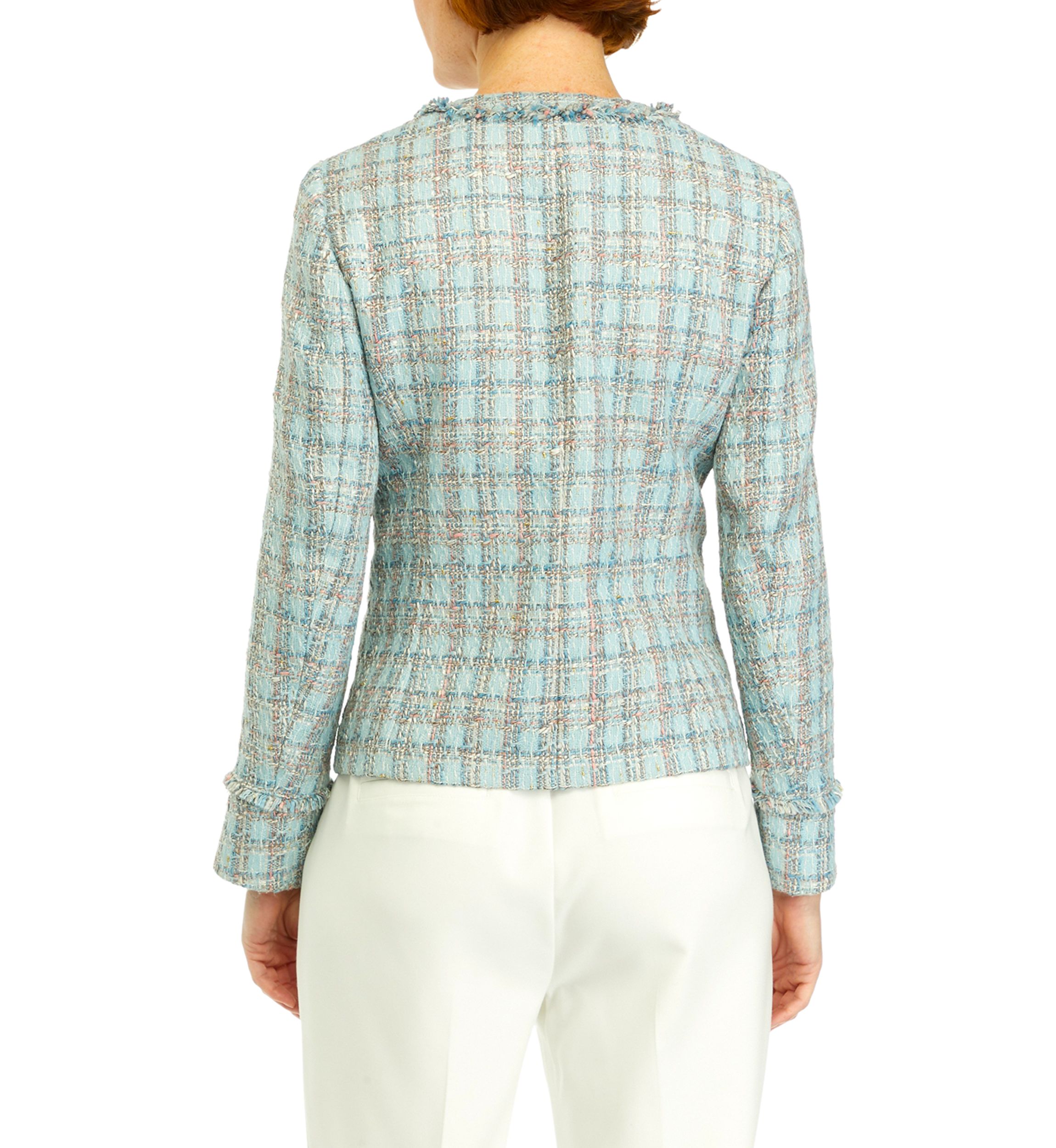 Womens Tweed Kissing Front Jacket with Fringe Detail