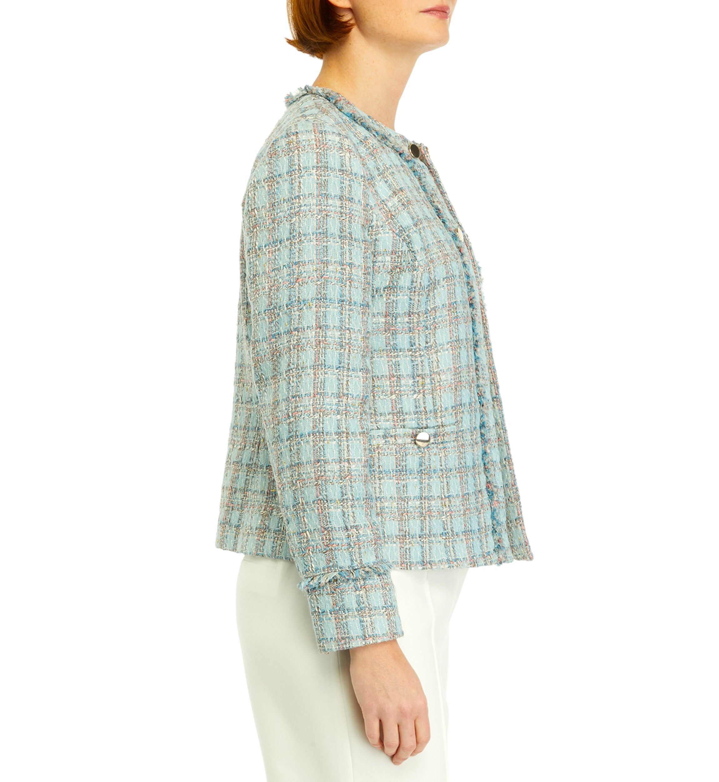 Womens Tweed Kissing Front Jacket with Fringe Detail