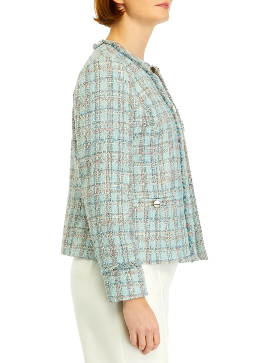 Womens Tweed Kissing Front Jacket with Fringe Detail