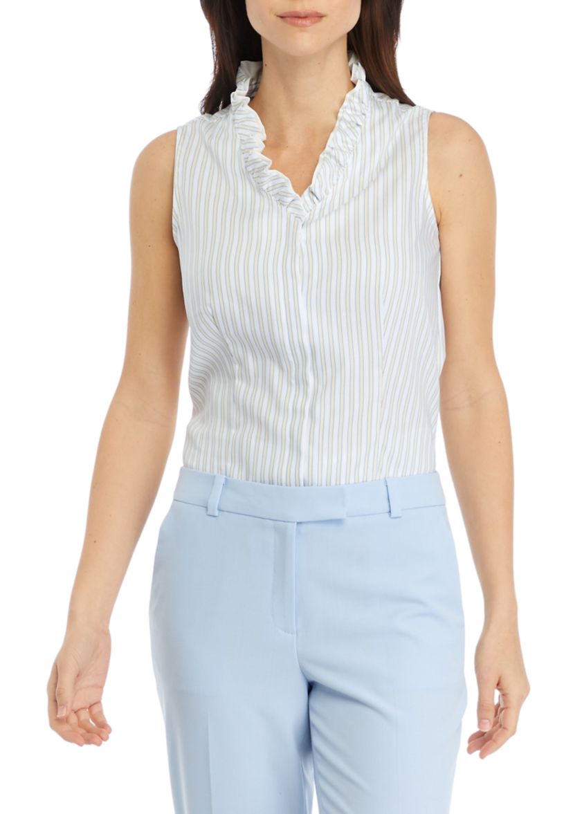 Womens Sleeveless Ruffle Button Down Shirt