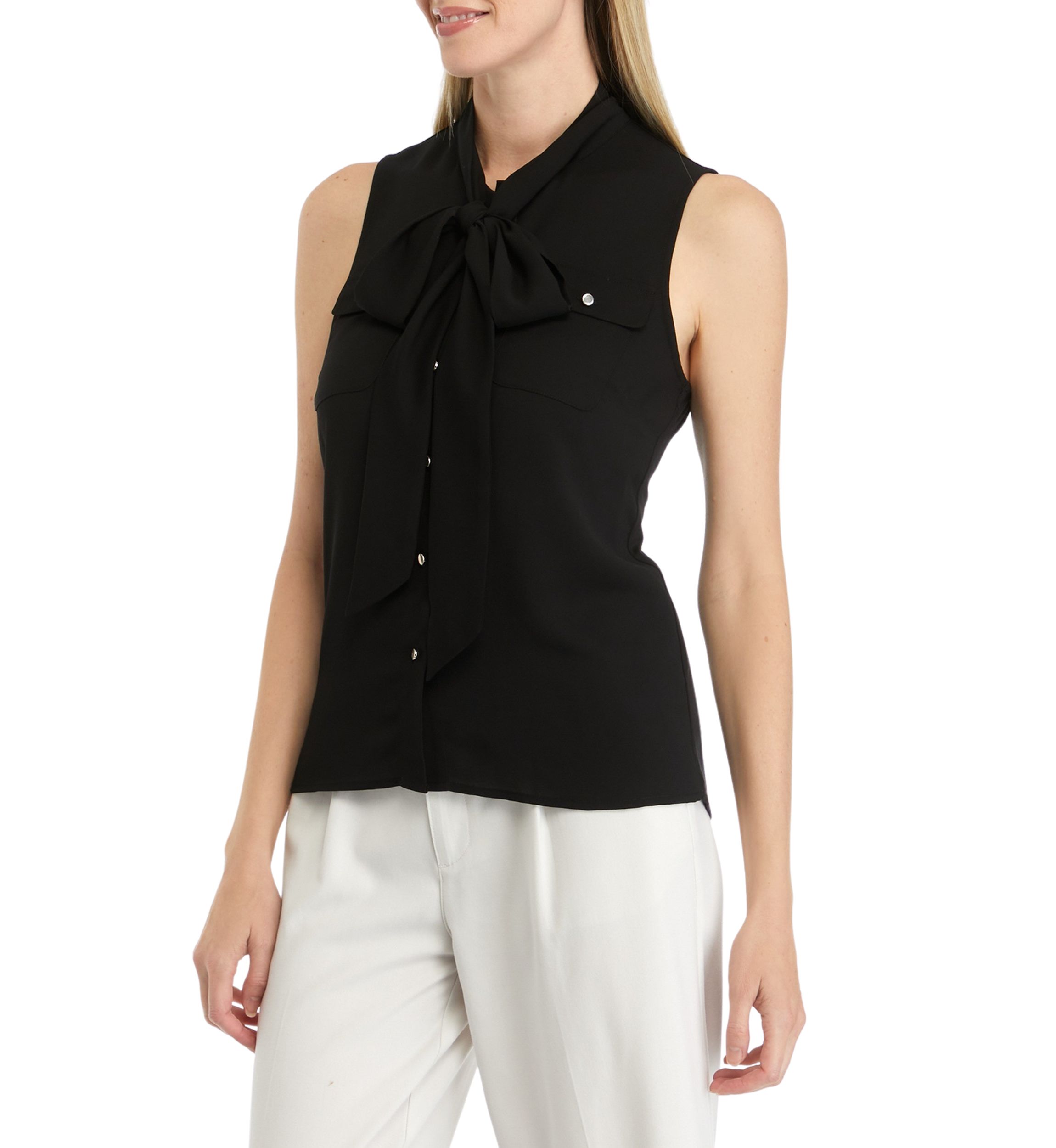 Womens Crepe Sleeveless Bow Detail Top