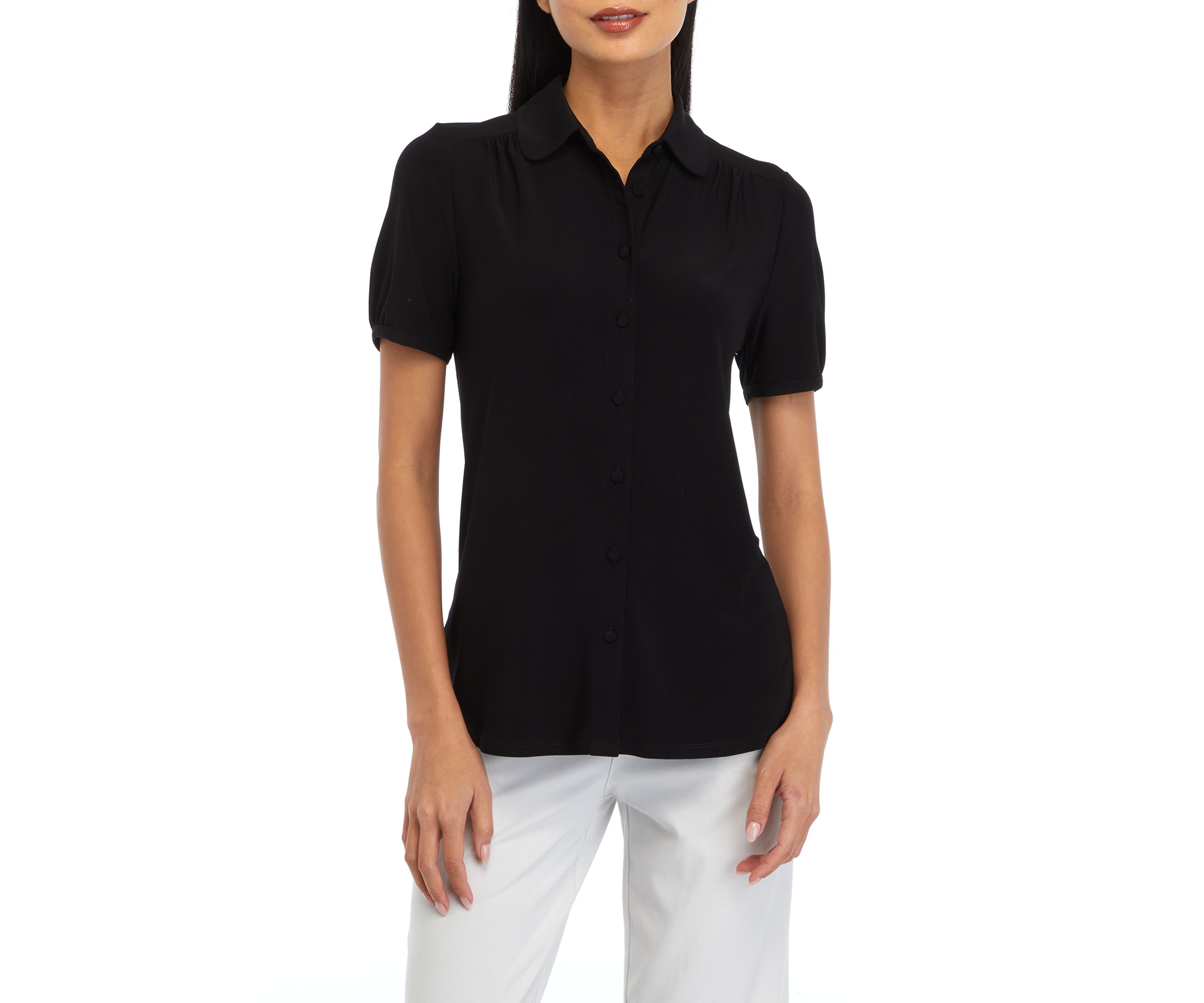 Womens Short Sleeve Button Front Collared Top
