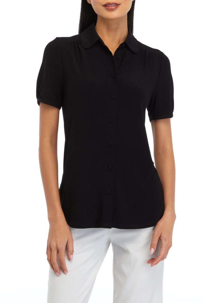 Womens Short Sleeve Button Front Collared Top