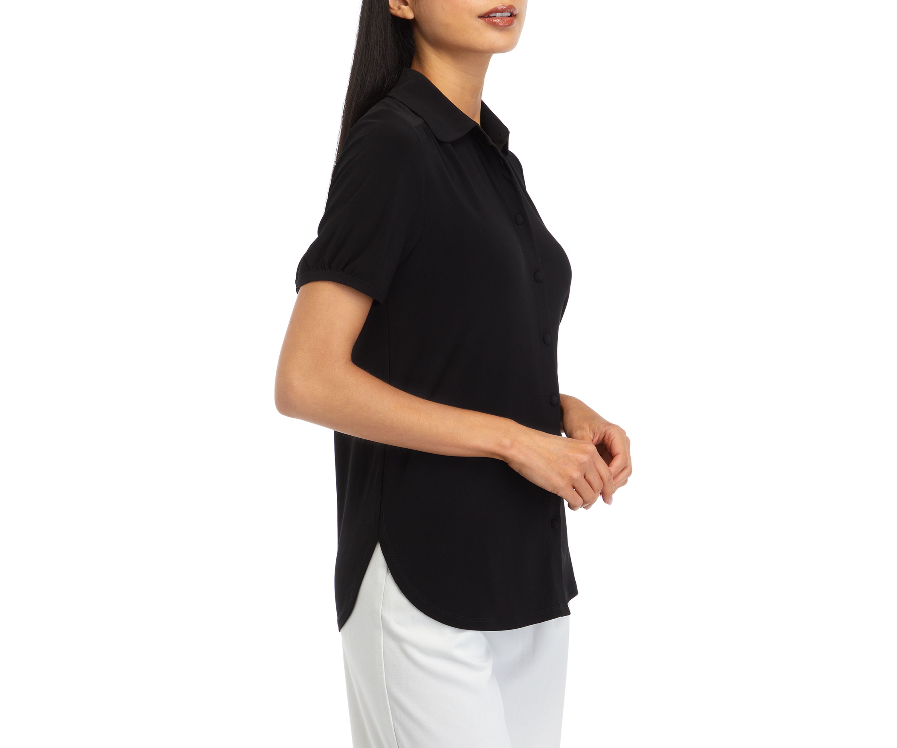 Womens Short Sleeve Button Front Collared Top