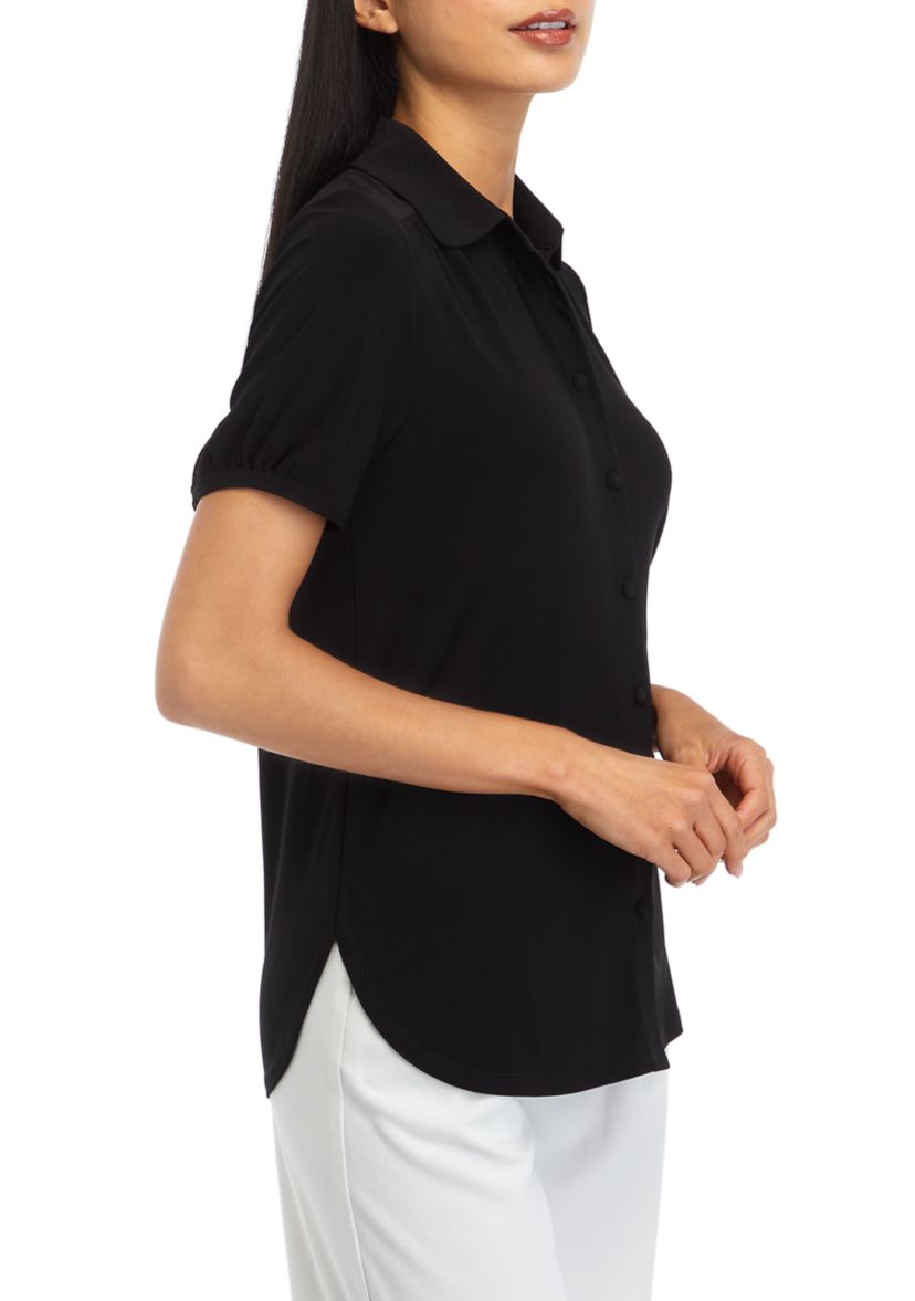 Womens Short Sleeve Button Front Collared Top