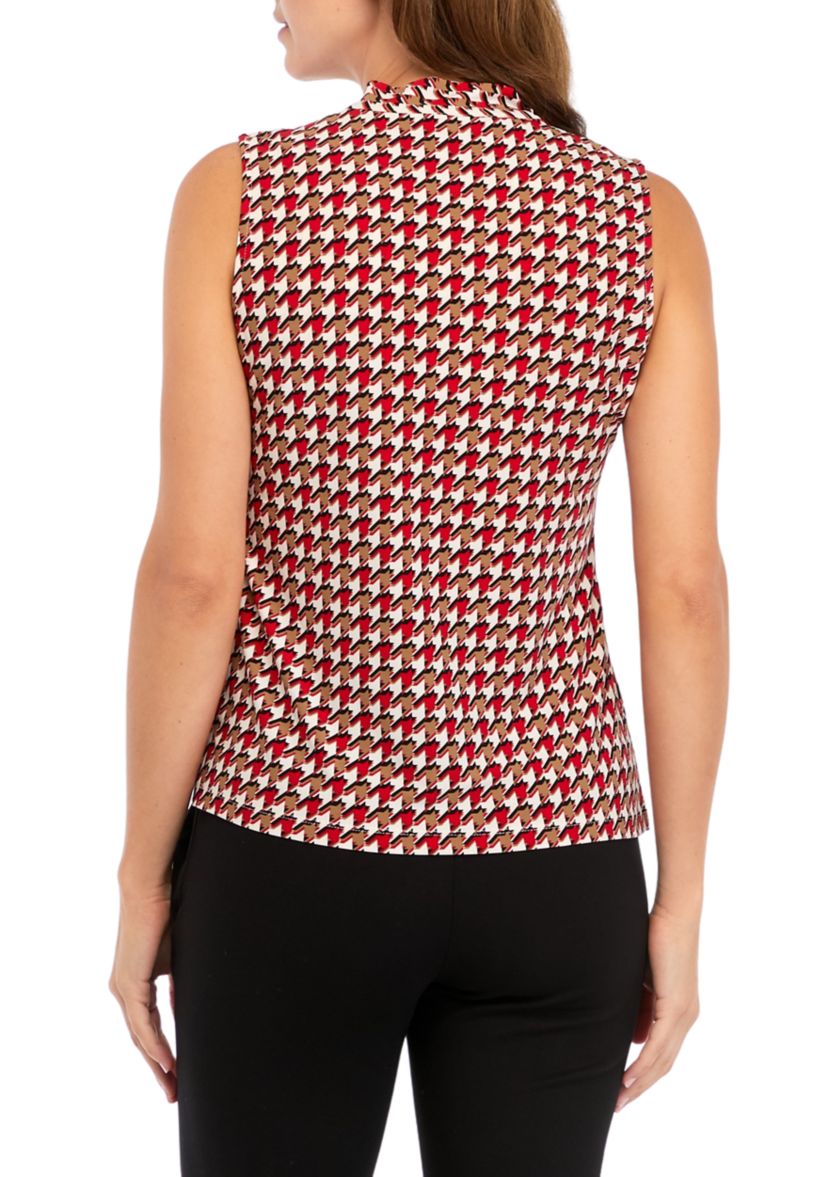 Womens Printed V-Neck Sleeveless Tie Blouse
