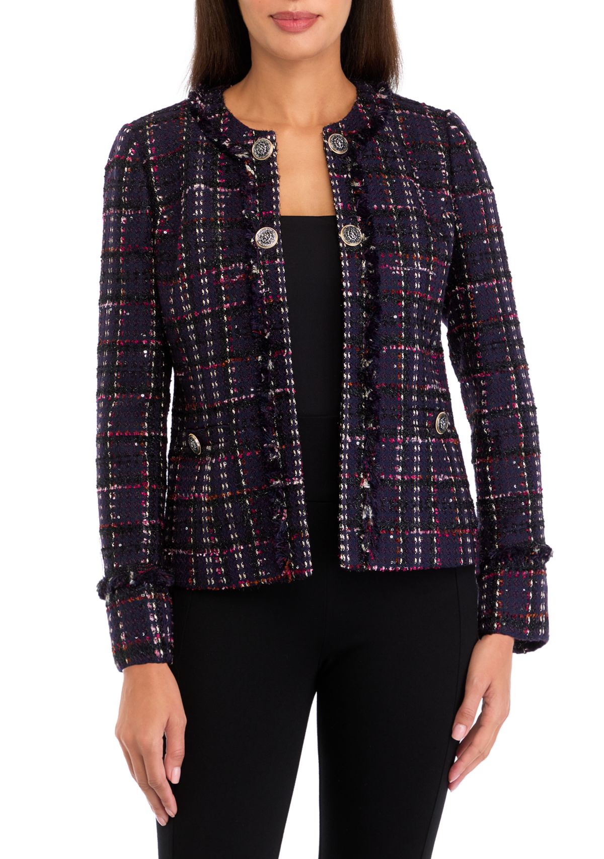 Womens Tweed Kissing Front Jacket with Fringe