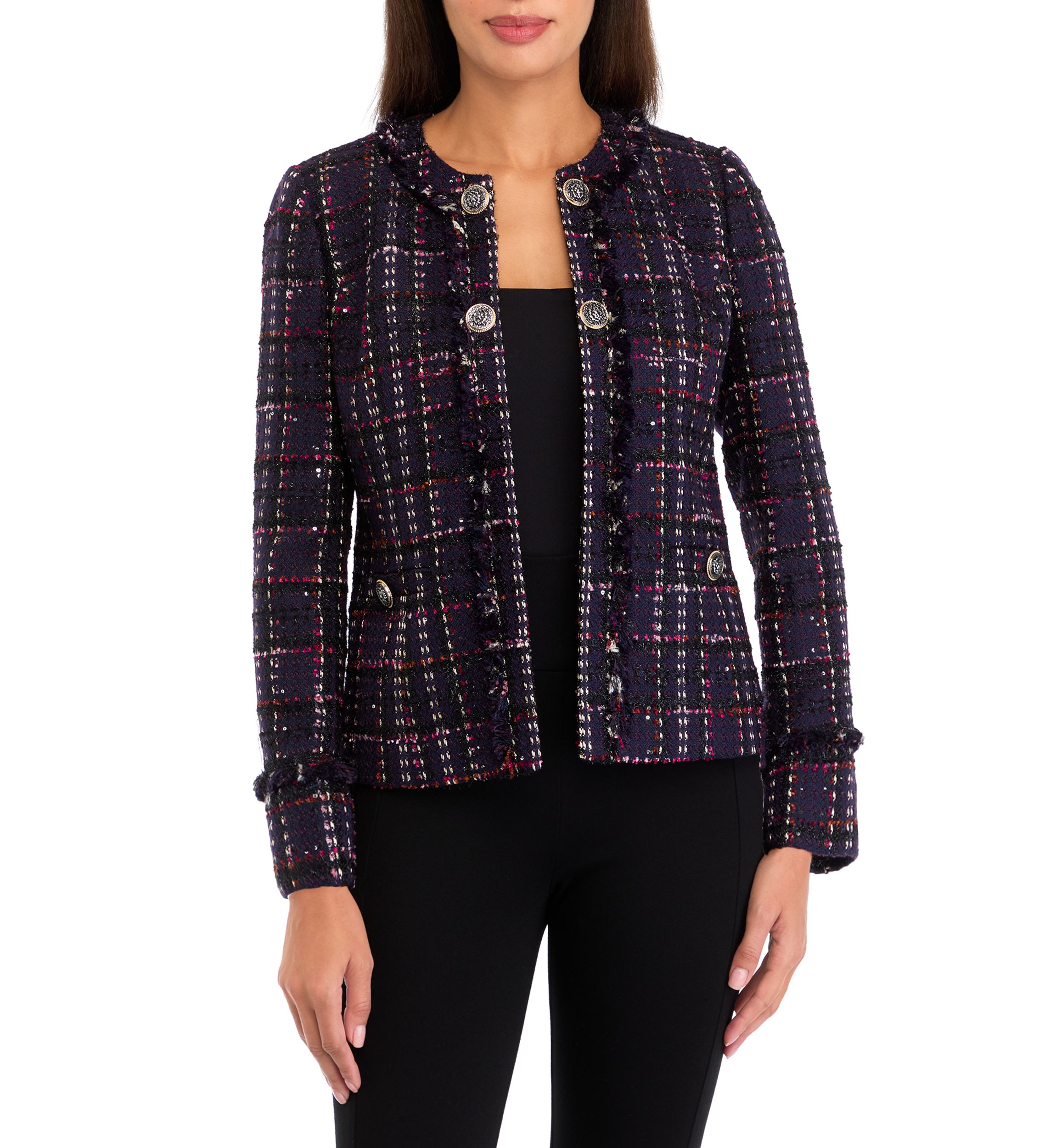 Womens Tweed Kissing Front Jacket with Fringe