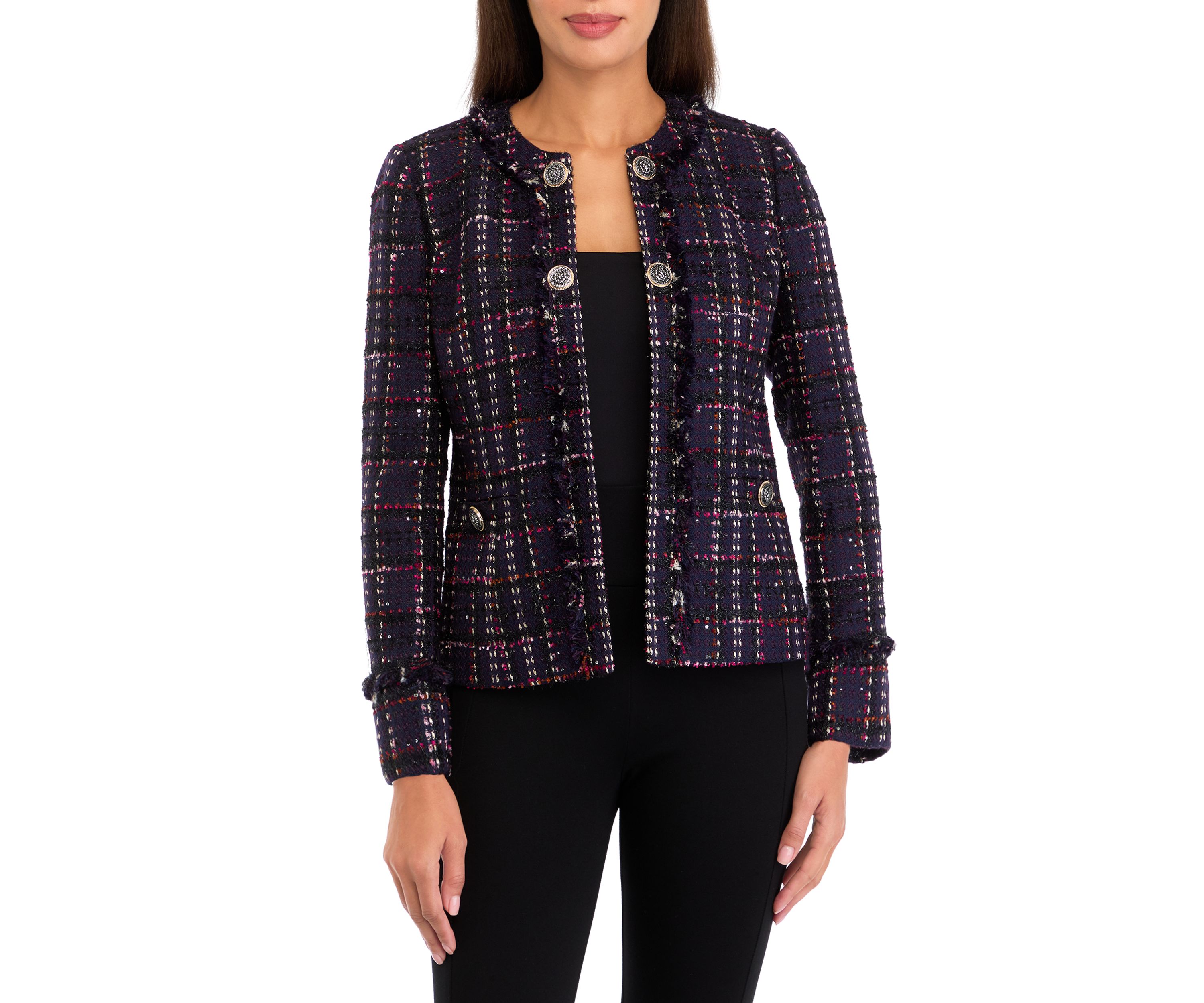 Womens Tweed Kissing Front Jacket with Fringe