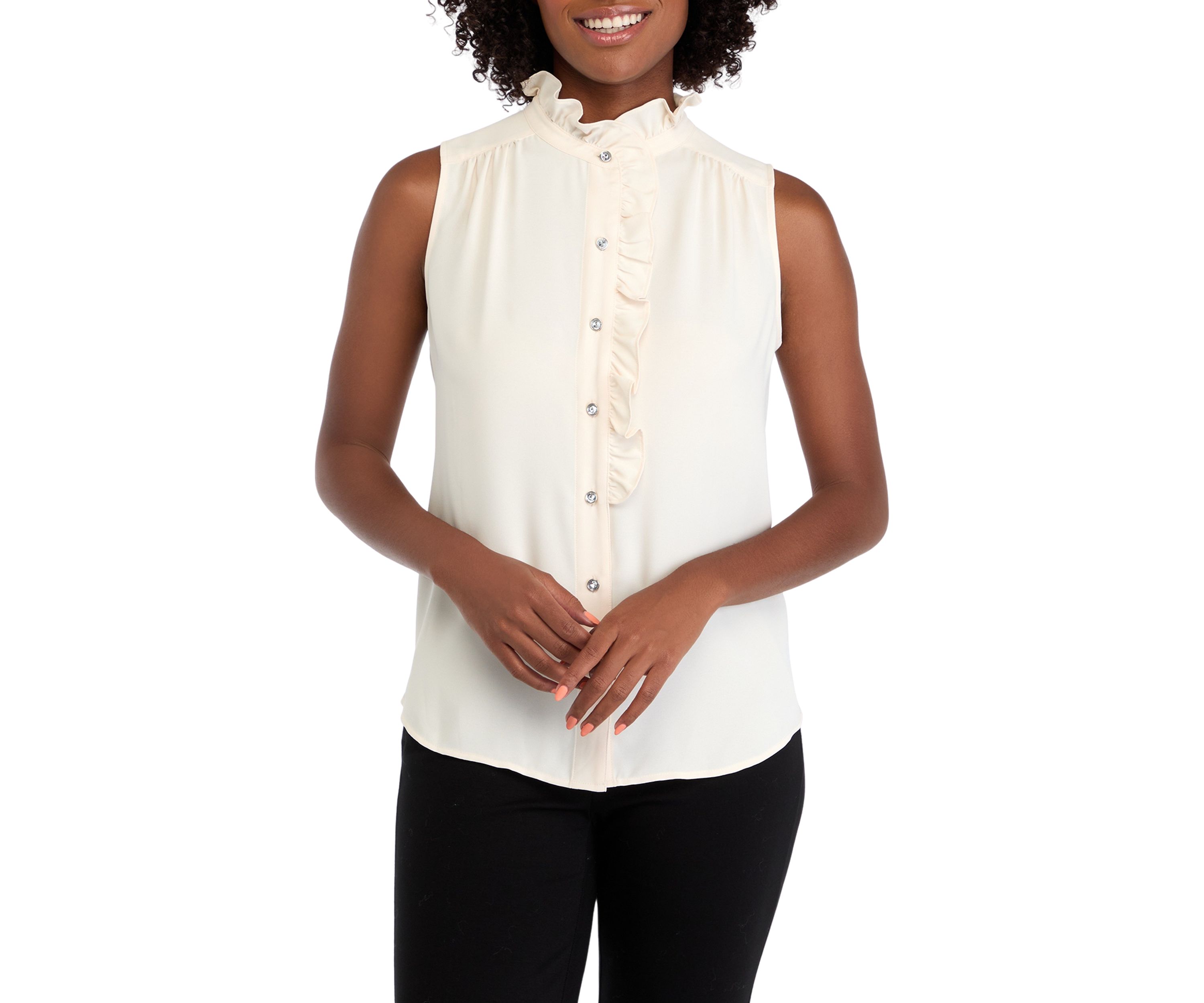 Womens Sleeveless Button Front Ruffle Blouse