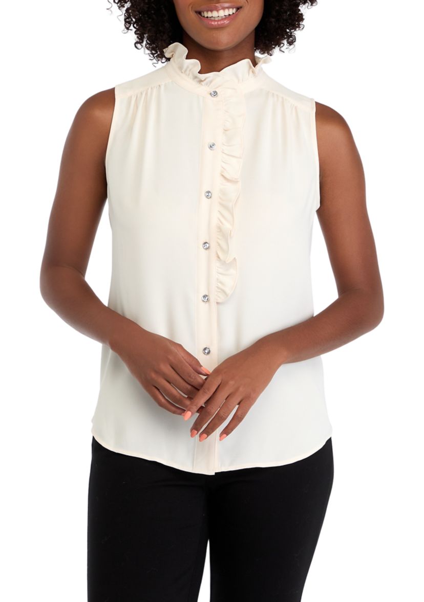 Womens Sleeveless Button Front Ruffle Blouse