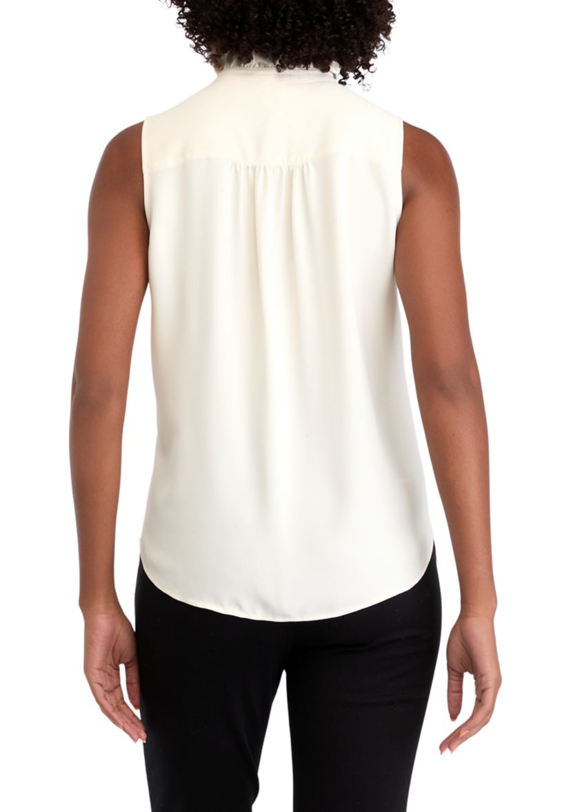 Womens Sleeveless Button Front Ruffle Blouse