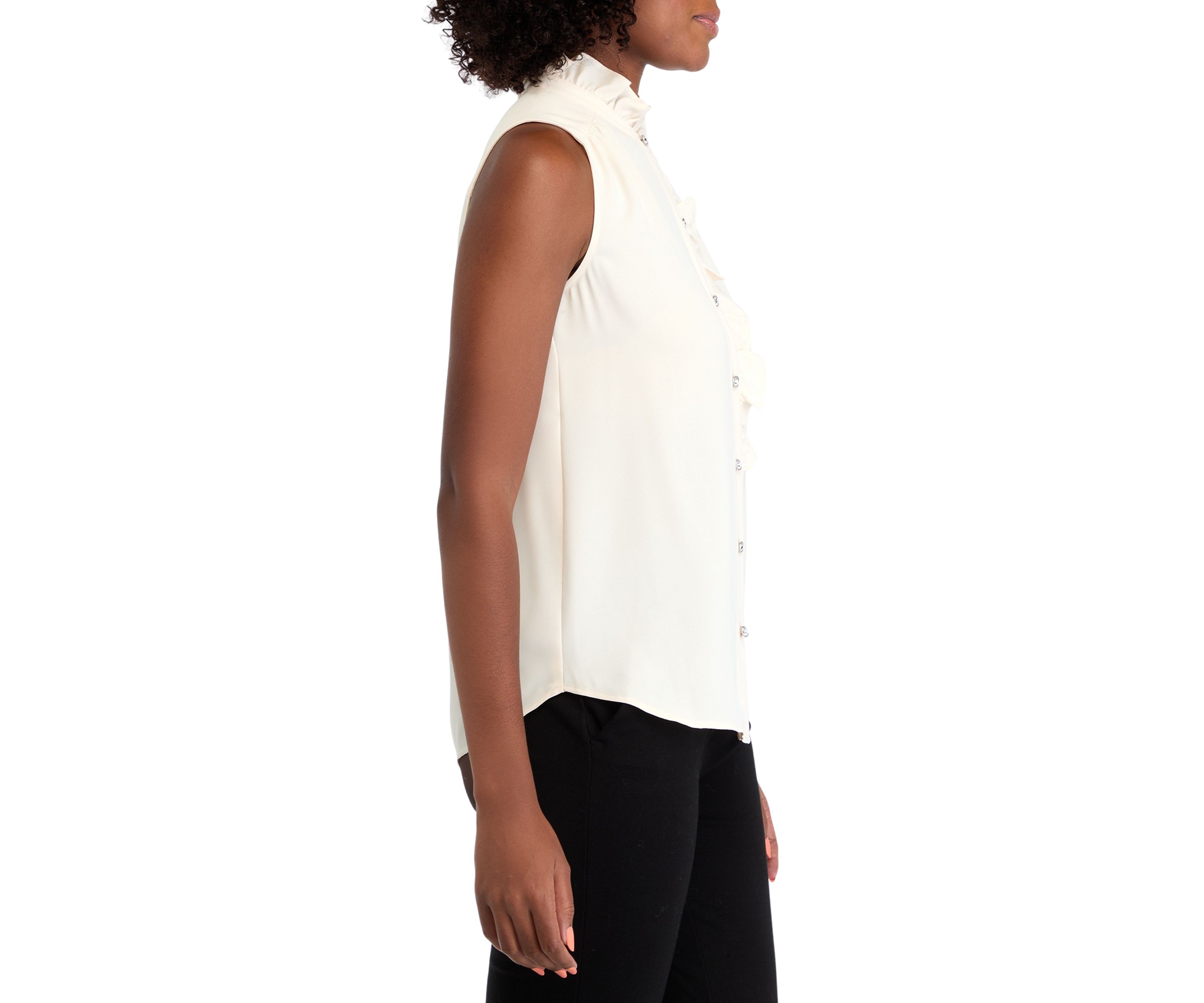 Womens Sleeveless Button Front Ruffle Blouse