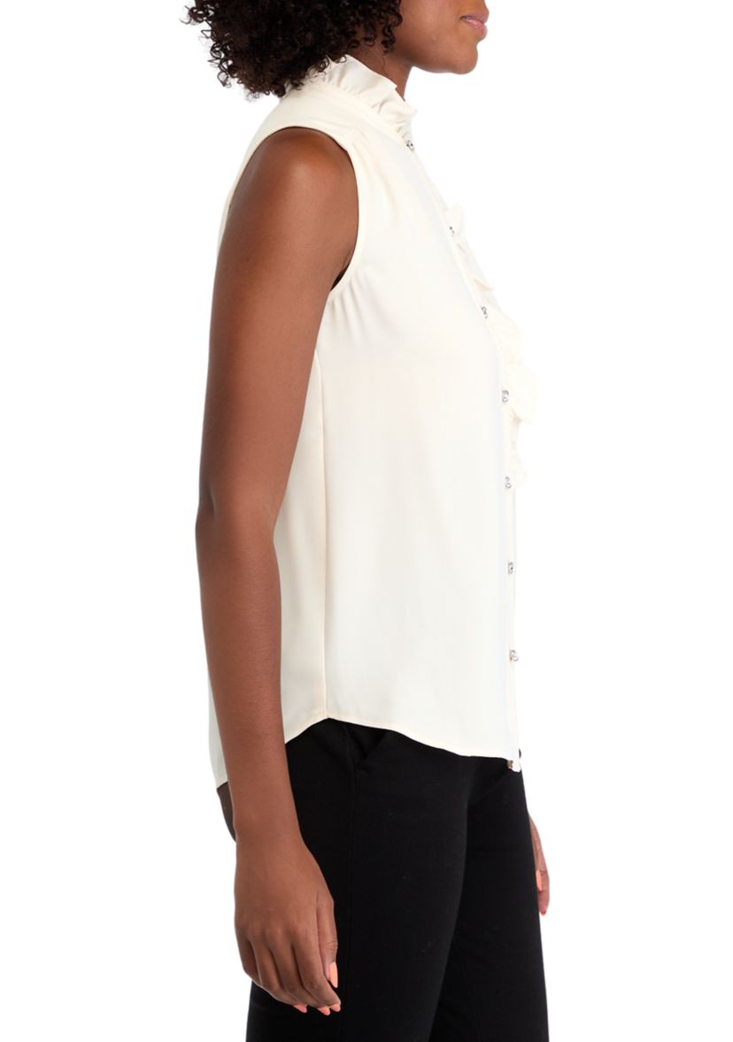Womens Sleeveless Button Front Ruffle Blouse