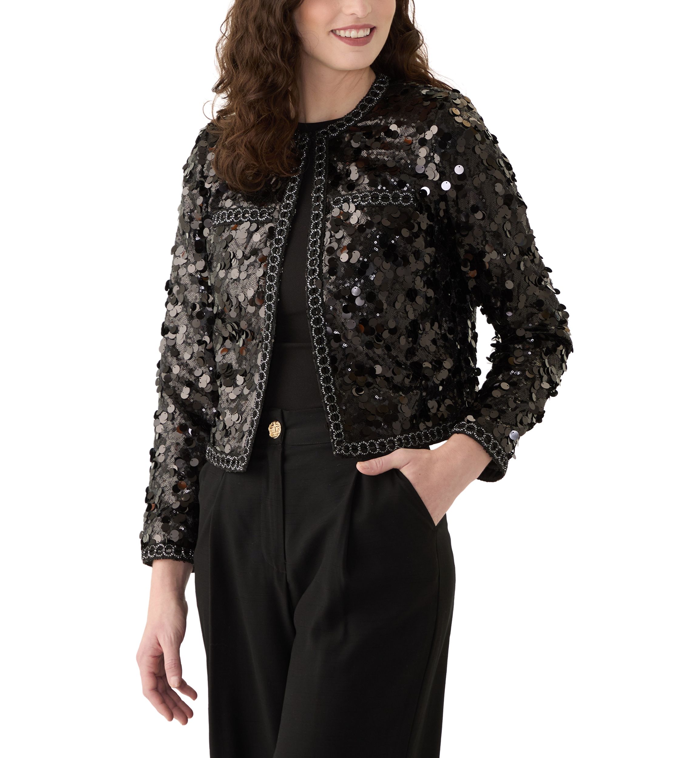 Womens Sequin Paillette Cropped Kissing Front Jacket