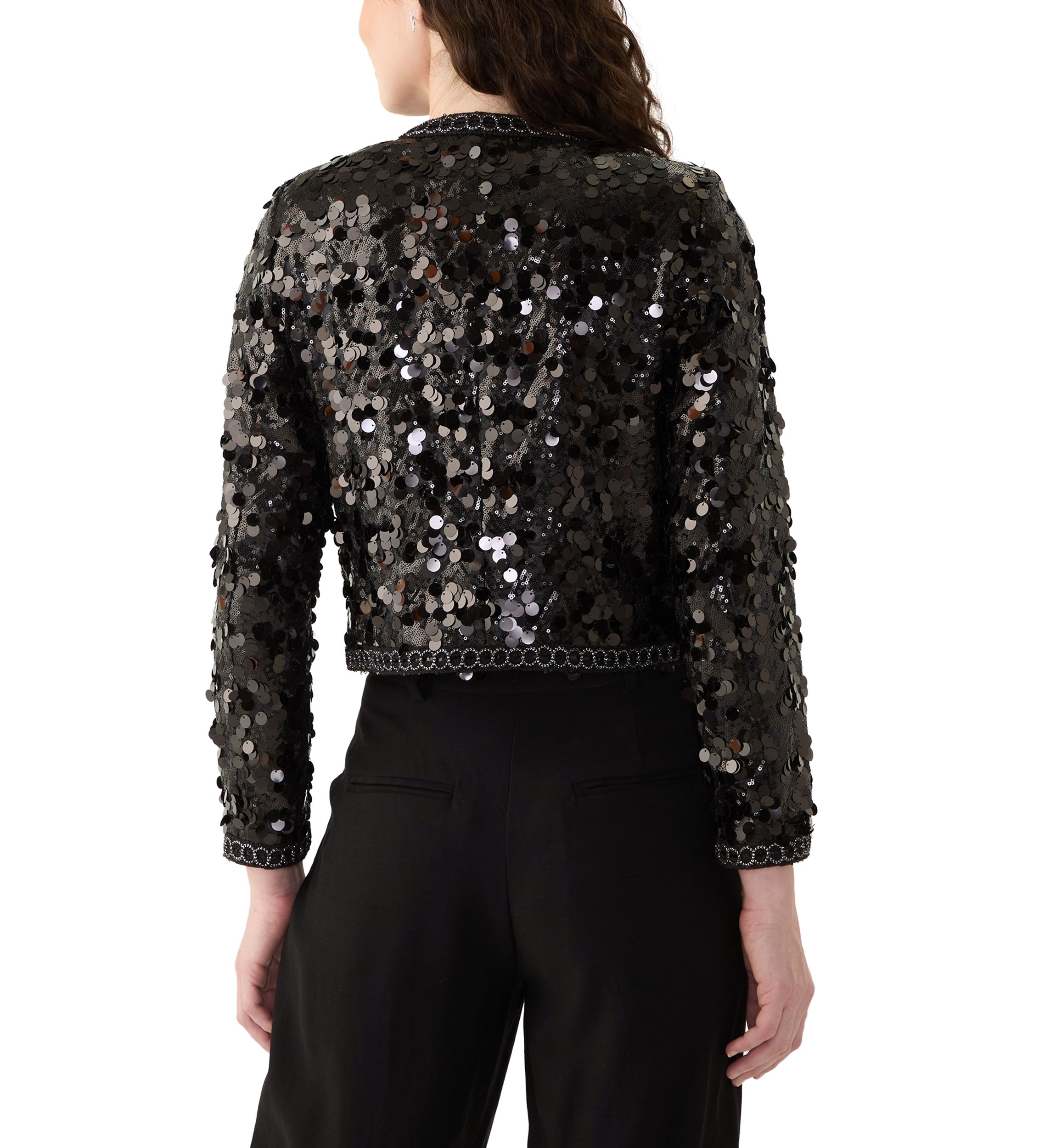 Womens Sequin Paillette Cropped Kissing Front Jacket