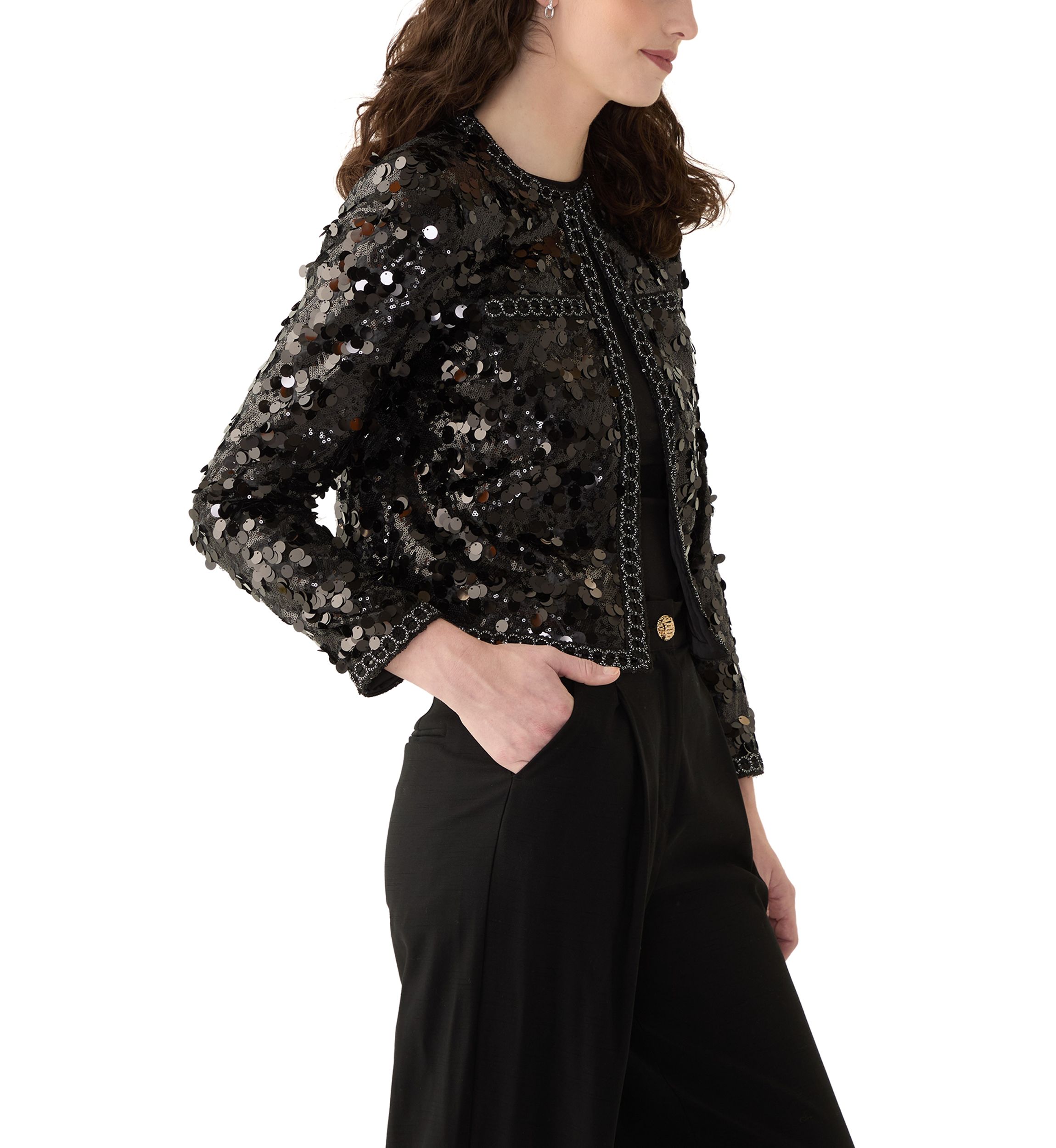 Womens Sequin Paillette Cropped Kissing Front Jacket
