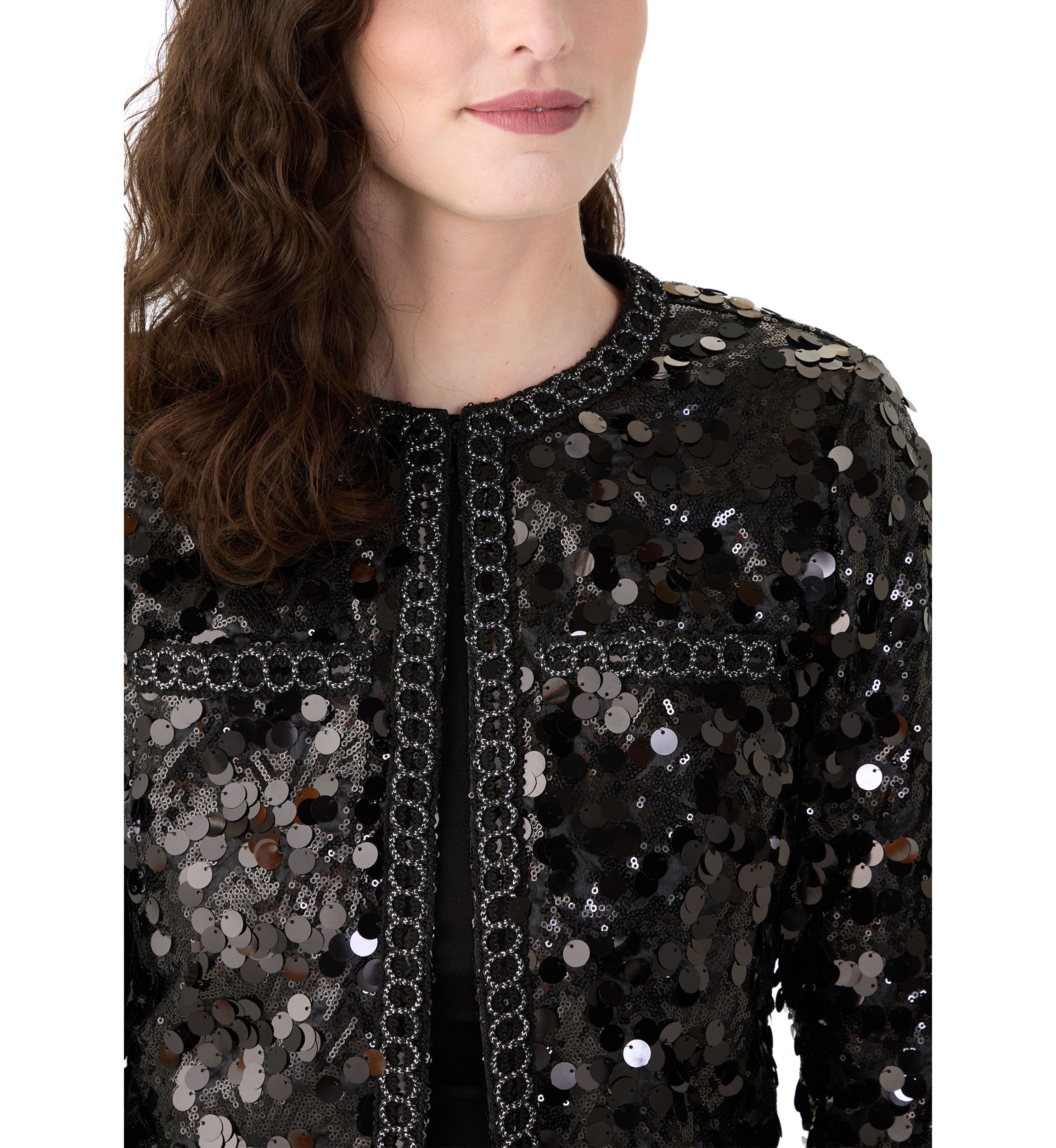 Womens Sequin Paillette Cropped Kissing Front Jacket