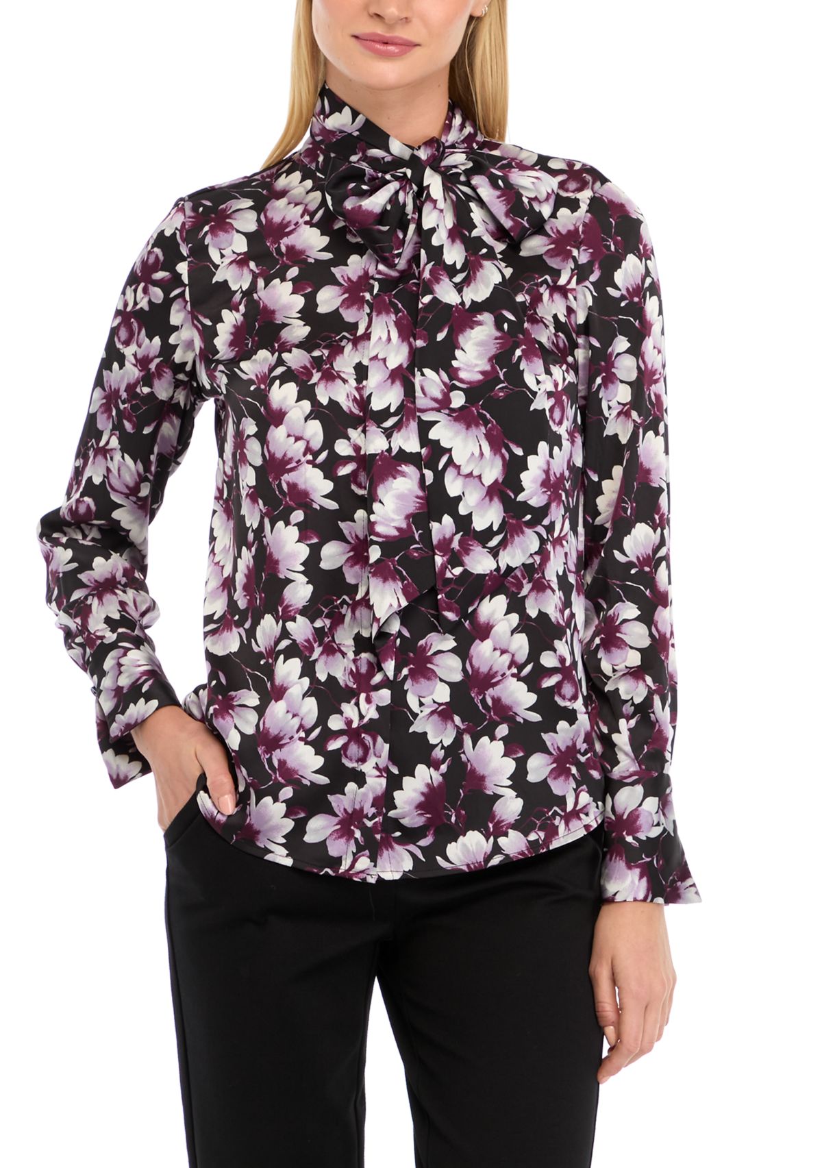 Womens Button Front Long Sleeve Blouse with Removable Tie