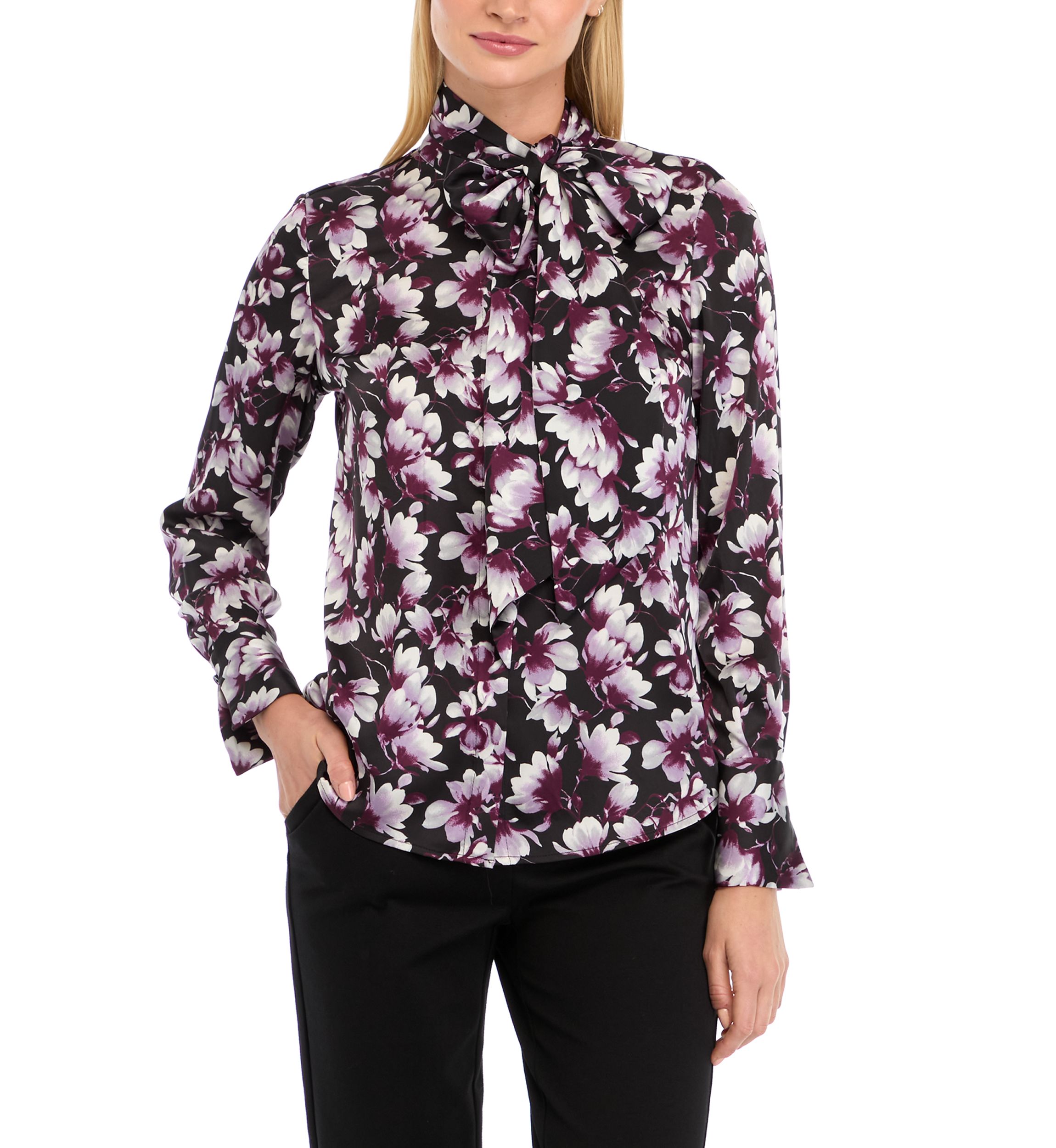 Womens Button Front Long Sleeve Blouse with Removable Tie
