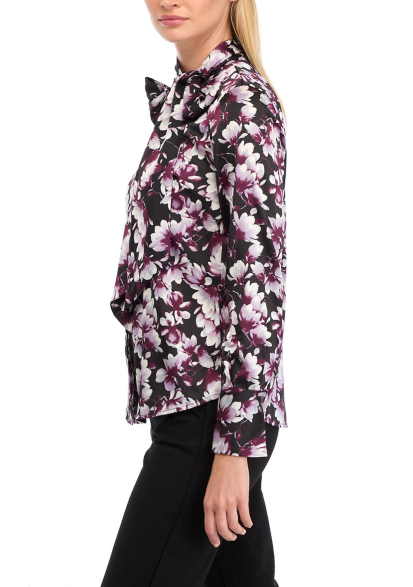 Womens Button Front Long Sleeve Blouse with Removable Tie