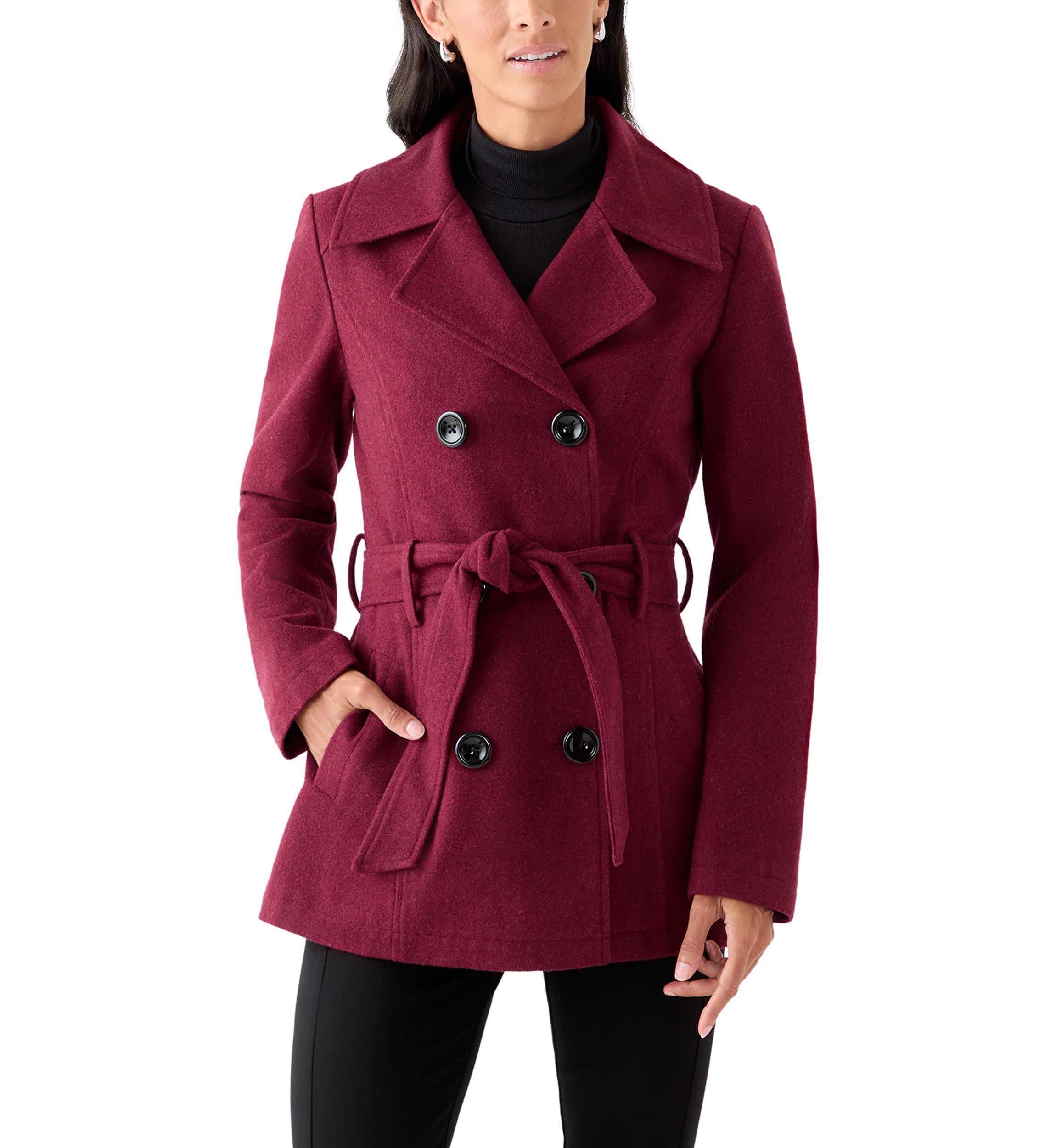 Womens Faux Wool Peacoat with Belt 