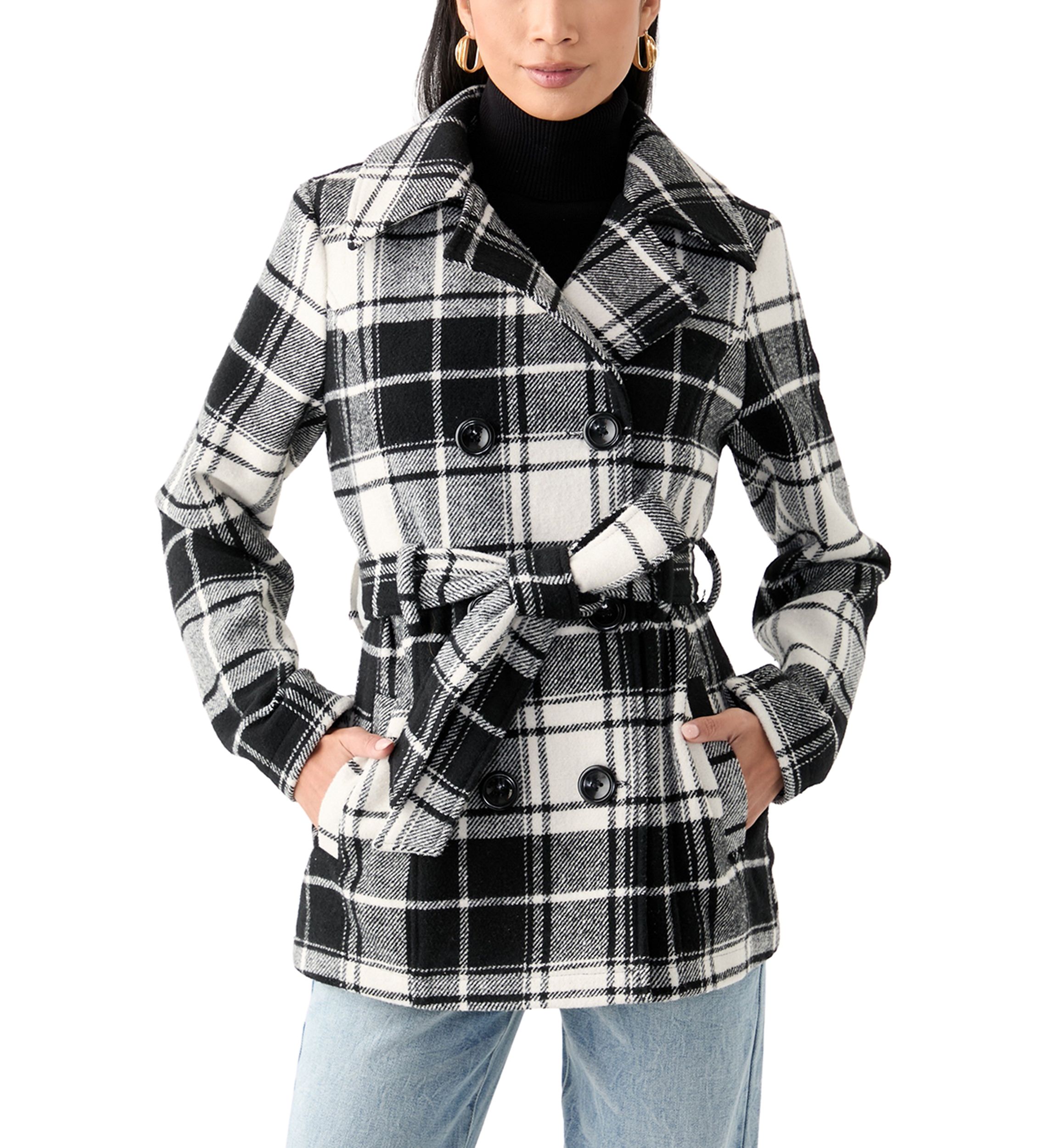 Womens Plaid Faux Wool Peacoat with Belt