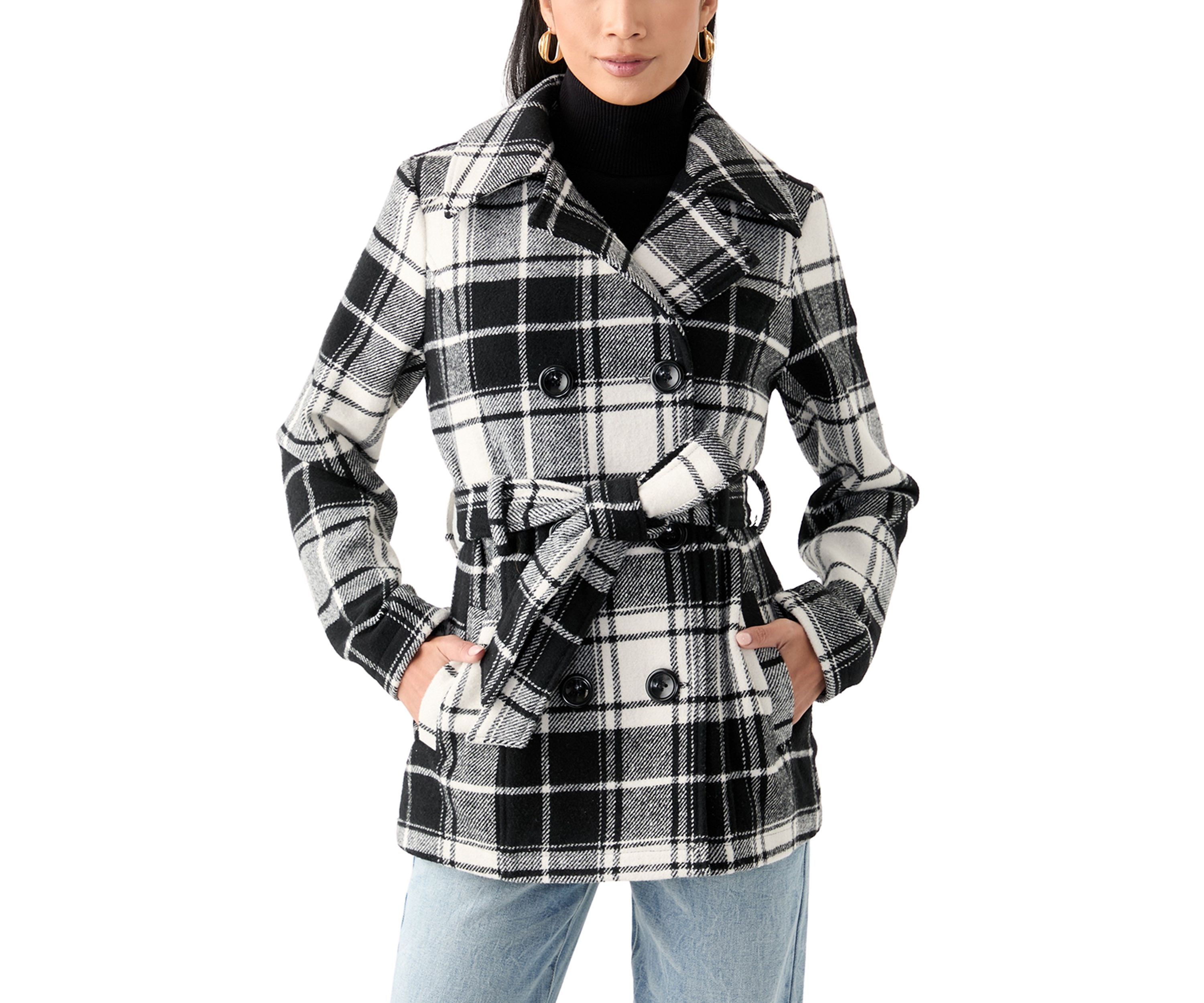 Womens Plaid Faux Wool Peacoat with Belt