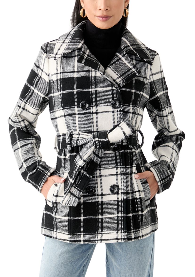 Womens Plaid Faux Wool Peacoat with Belt