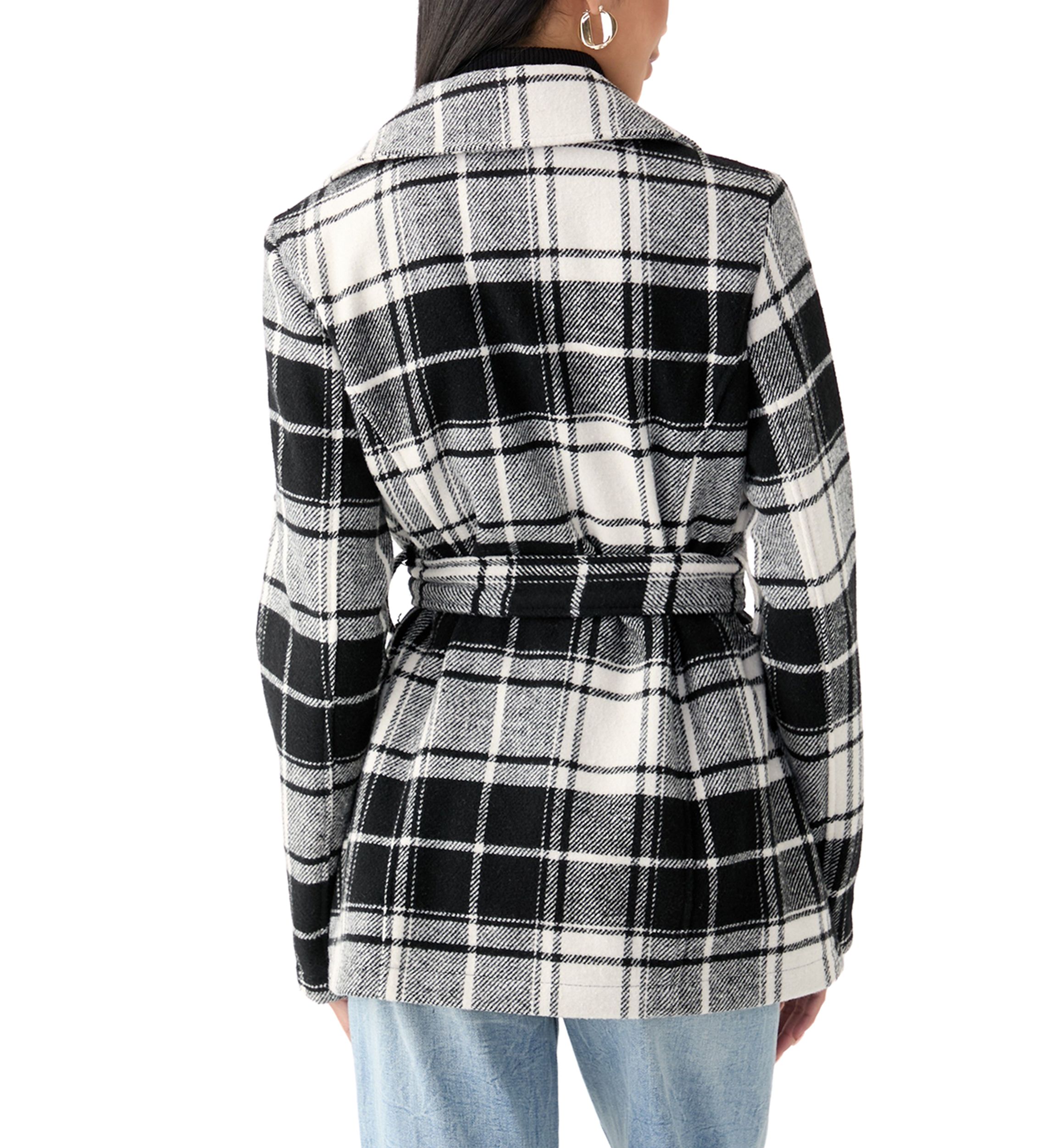 Womens Plaid Faux Wool Peacoat with Belt