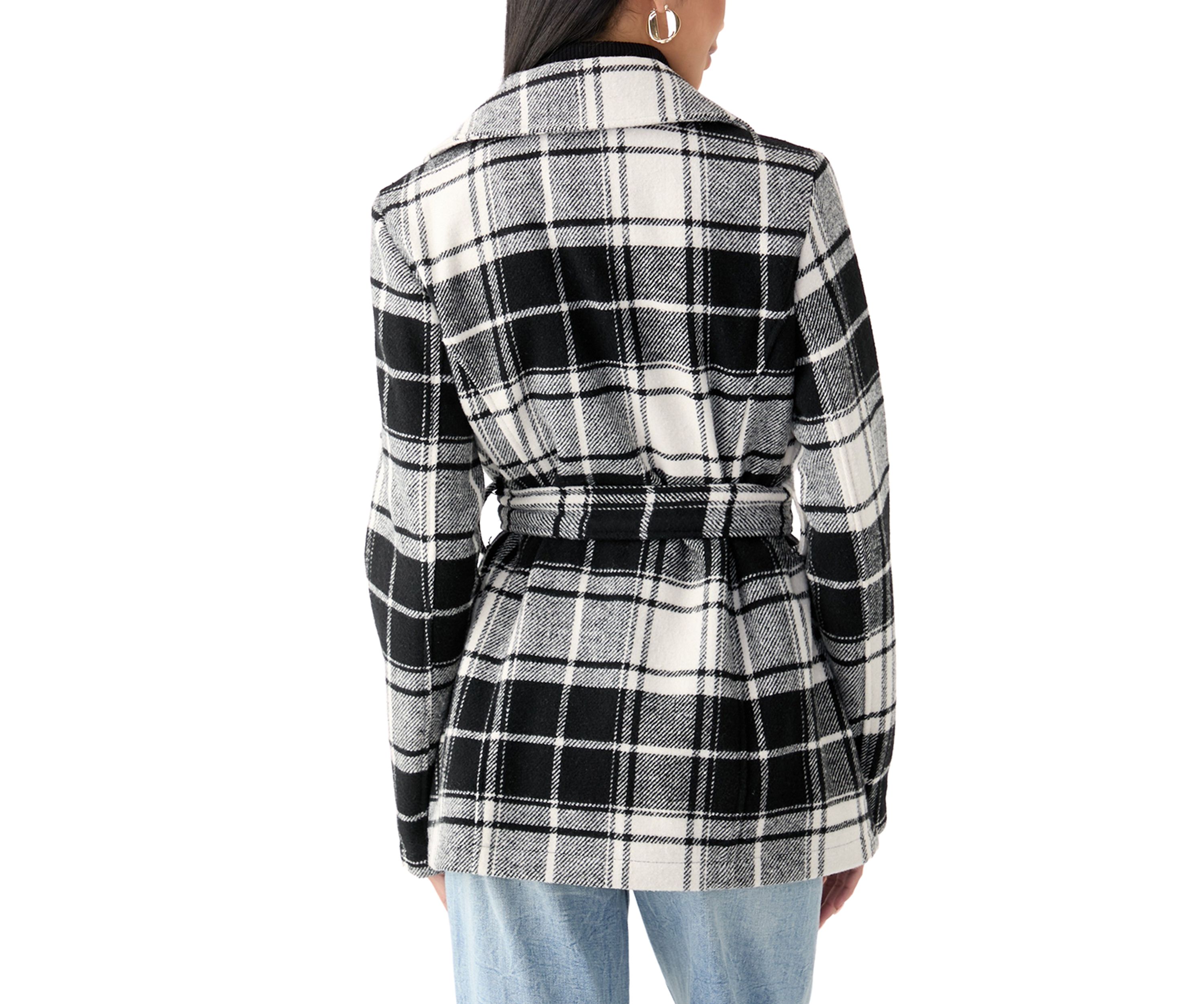 Womens Plaid Faux Wool Peacoat with Belt